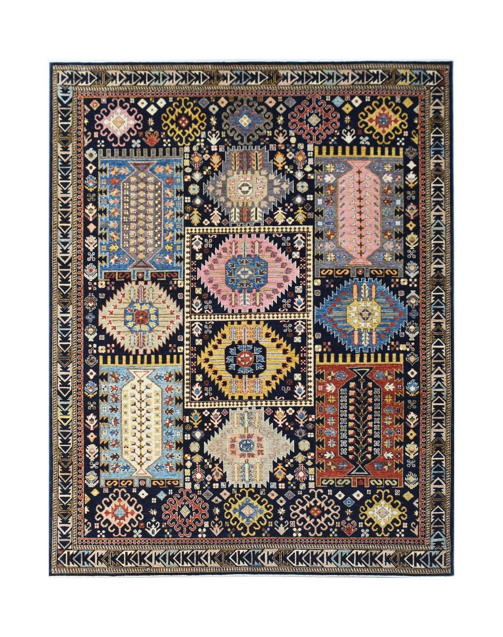 A rectangular Afghan Chobi rug featuring a dark blue field with colorful geometric medallions.