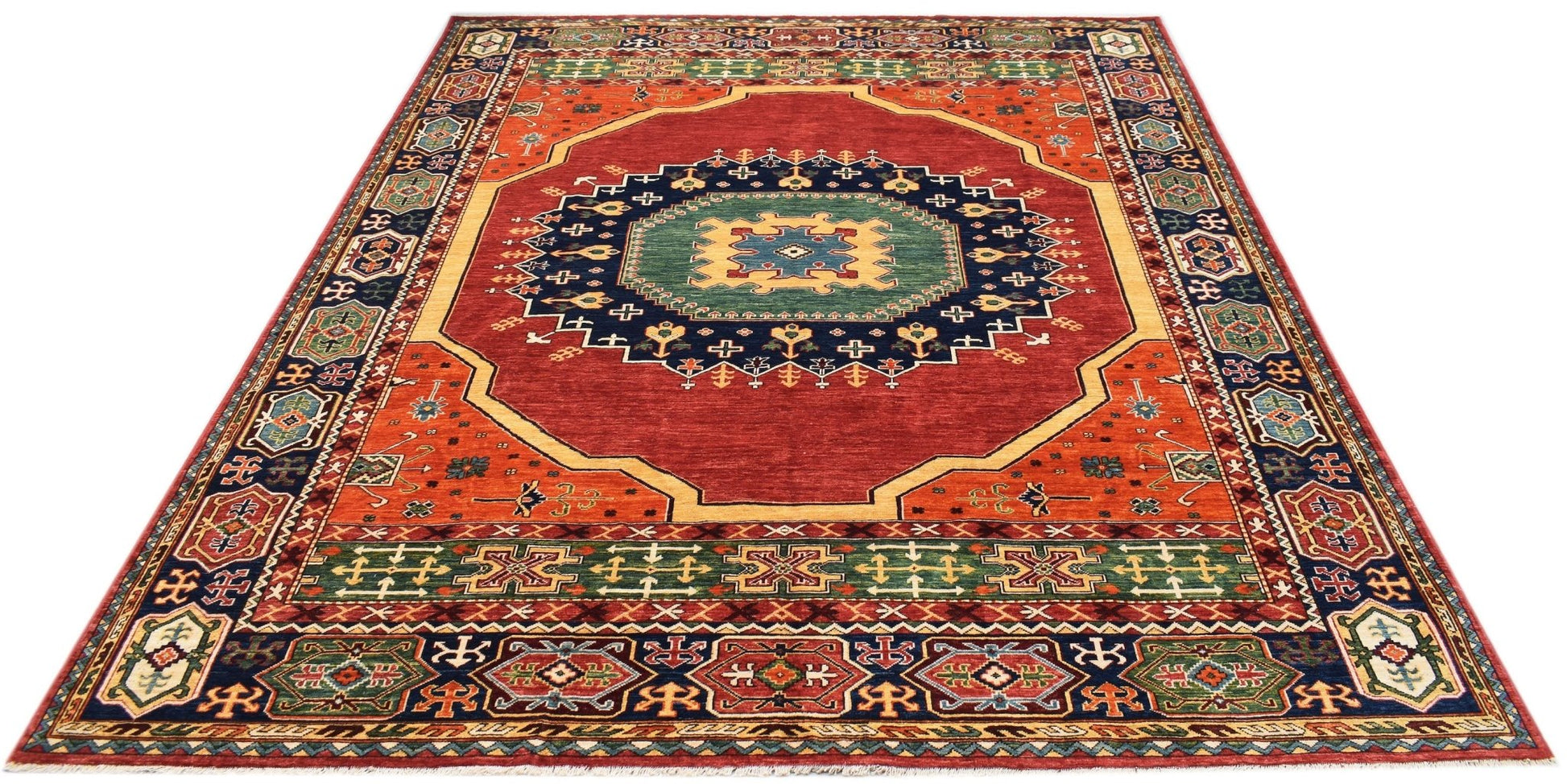 A rectangular Afghan Chobi rug featuring a traditional geometric pattern in red, blue, and green.