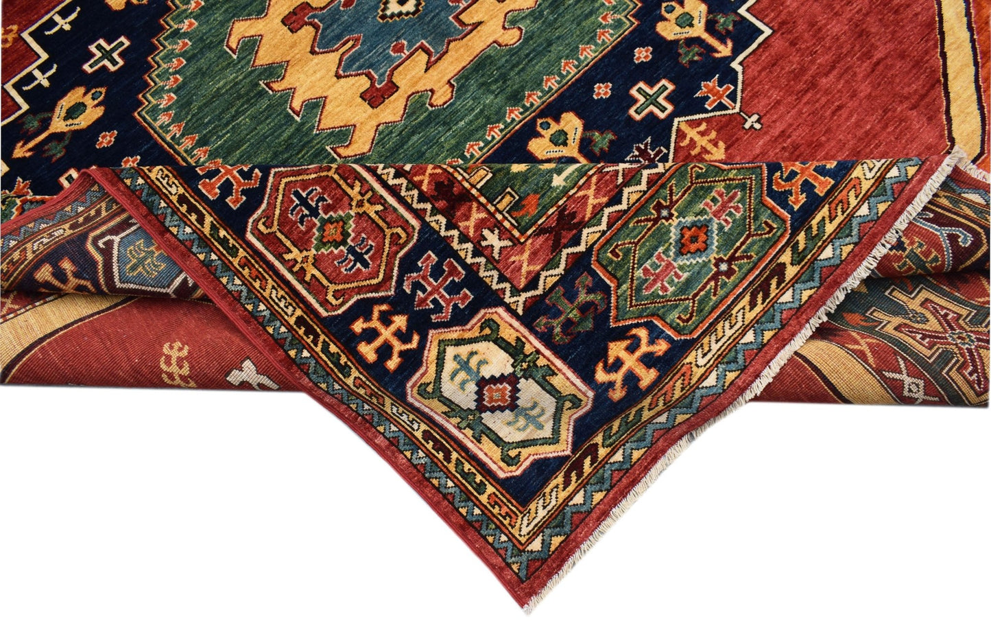 A handwoven Afghan Chobi rug featuring traditional geometric patterns in red, blue, and green.