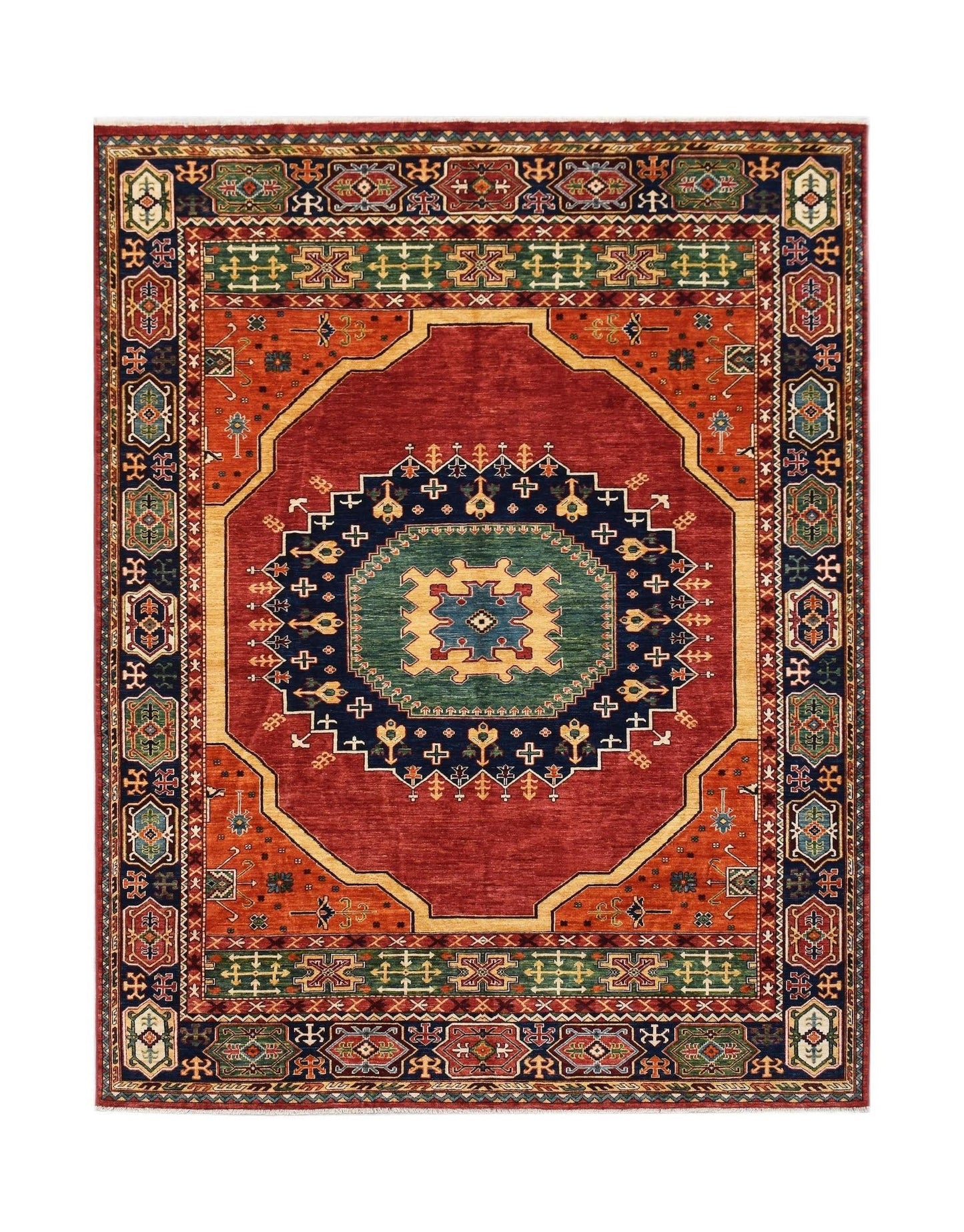 Handmade Afghan Chobi rug featuring a central geometric medallion in red, blue, and green tones.
