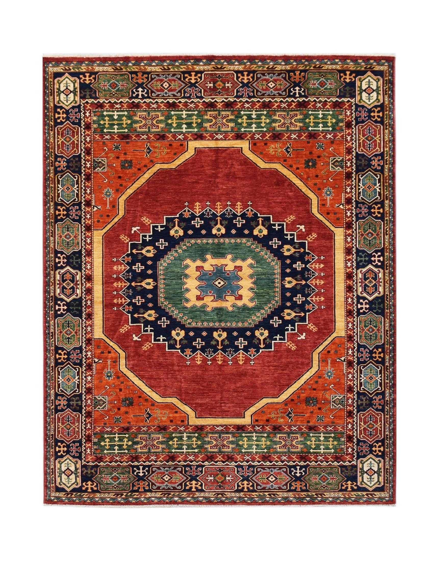 Handmade Afghan Chobi rug featuring a central geometric medallion in red, blue, and green tones.