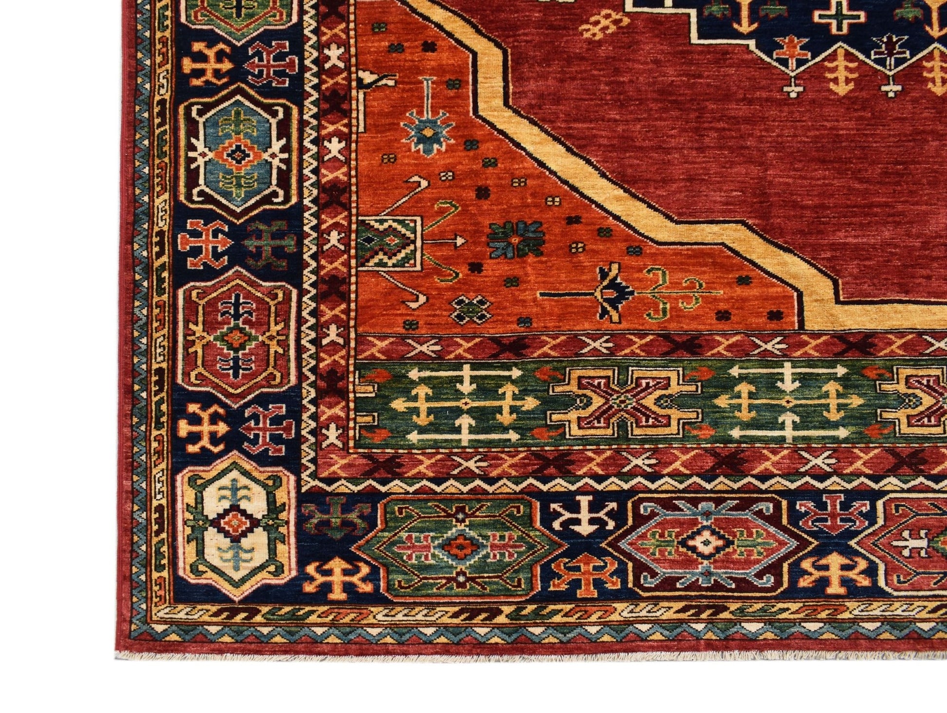 Afghan Chobi rug with intricate geometric patterns in red, blue, and green.