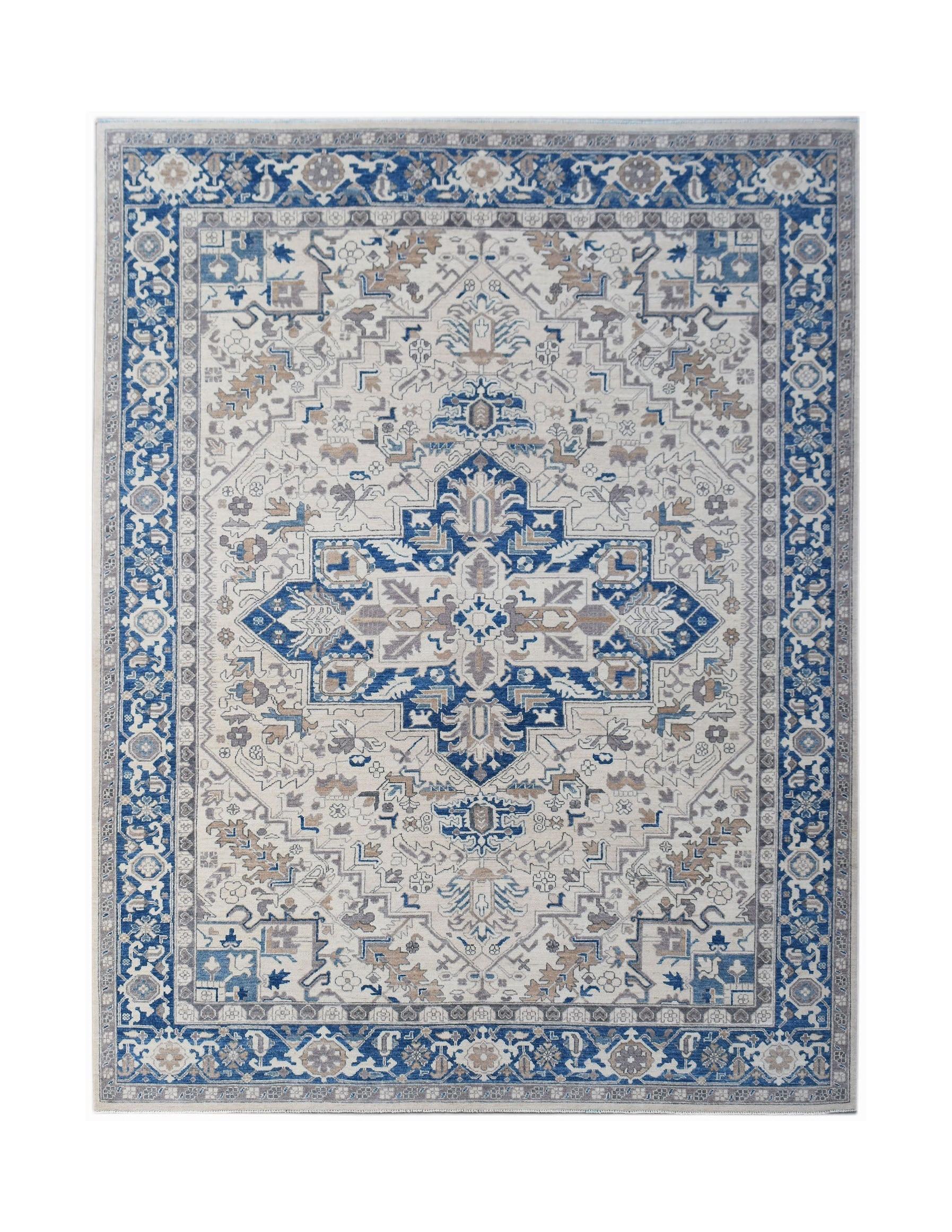 A rectangular Afghan Chobi rug featuring a traditional blue and beige Heriz geometric pattern.