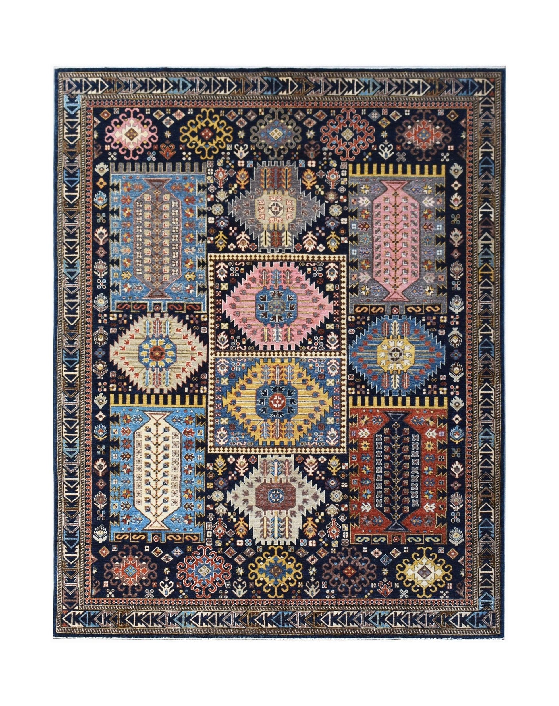 A rectangular Afghan Chobi rug featuring a dark blue field with colorful geometric medallion motifs.