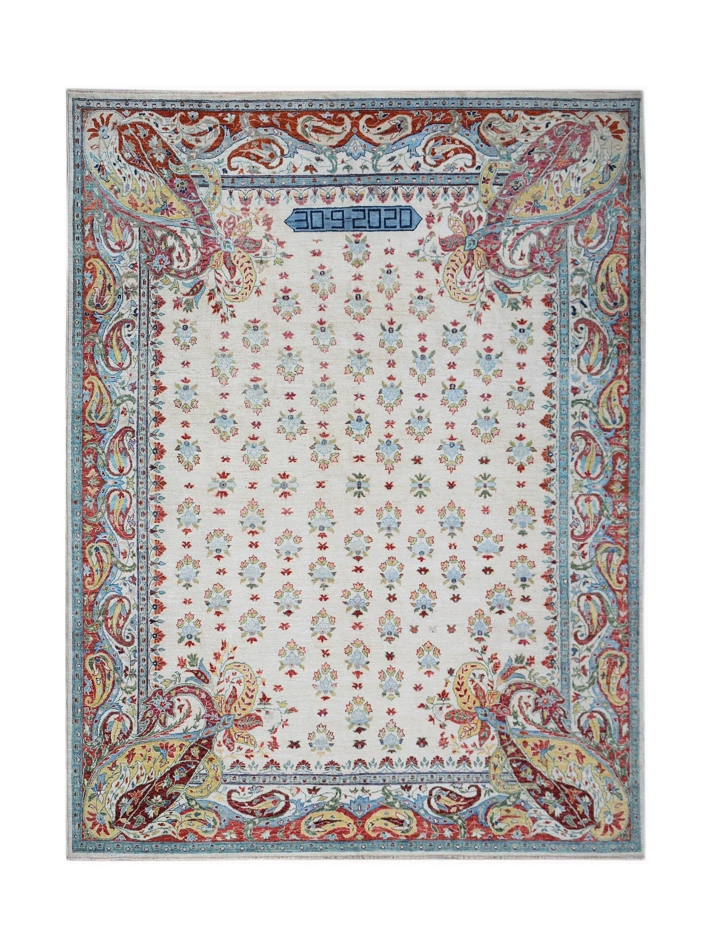A handmade Afghan Chobi rug featuring a cream field with floral motifs and a date inscription.