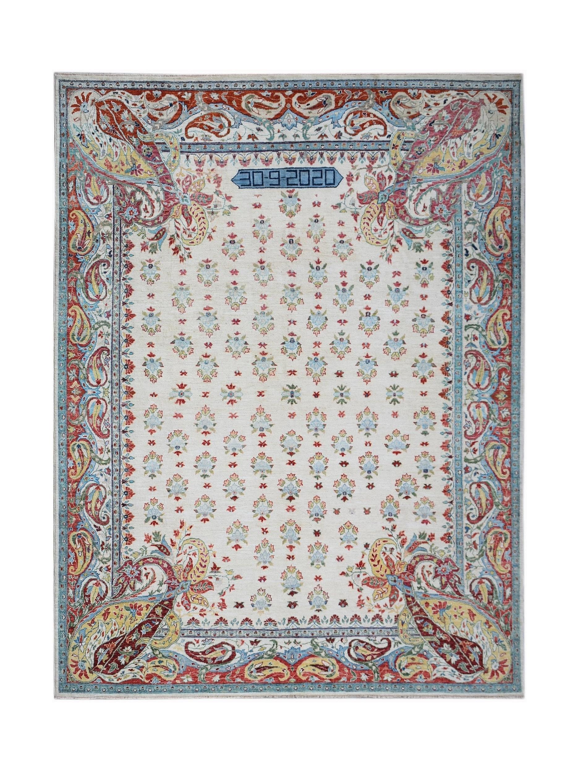 A handmade Afghan Chobi rug featuring a cream field with floral motifs and a date inscription.