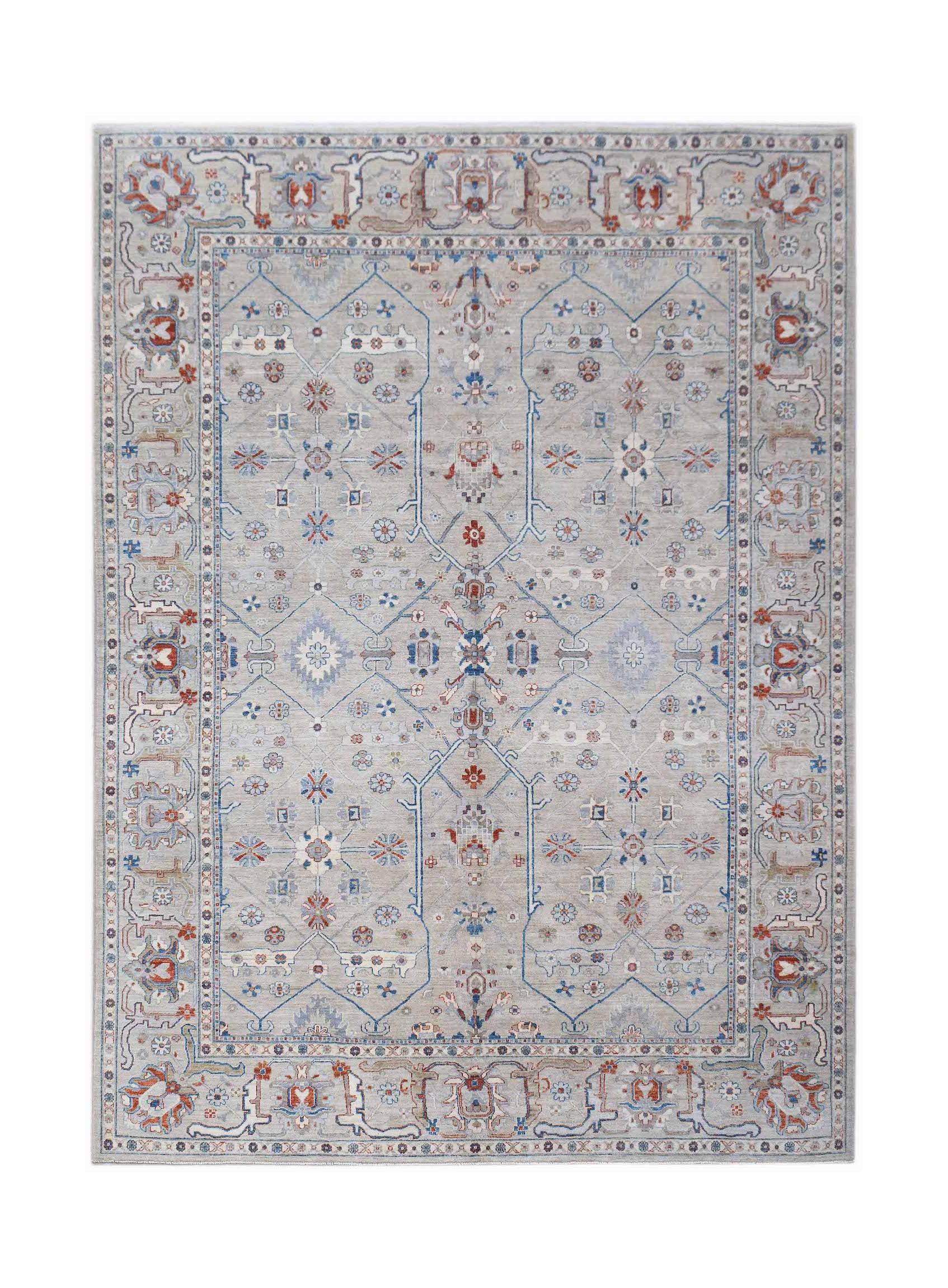 Handwoven Afghan Chobi rug featuring a traditional floral pattern in soft blue and earthy tones.