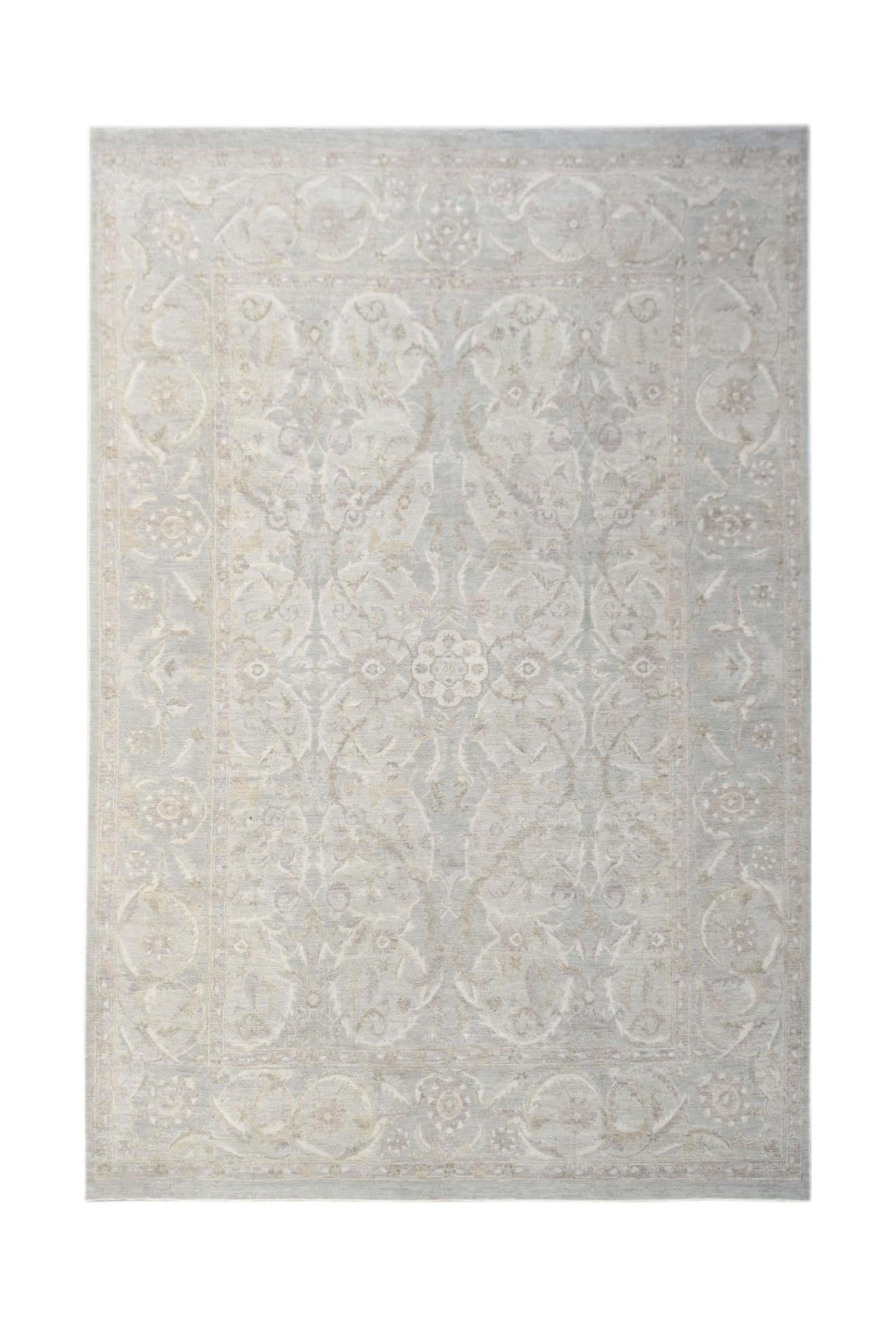 A rectangular Afghan Balkh rug featuring a traditional floral pattern in soft grey and beige tones.