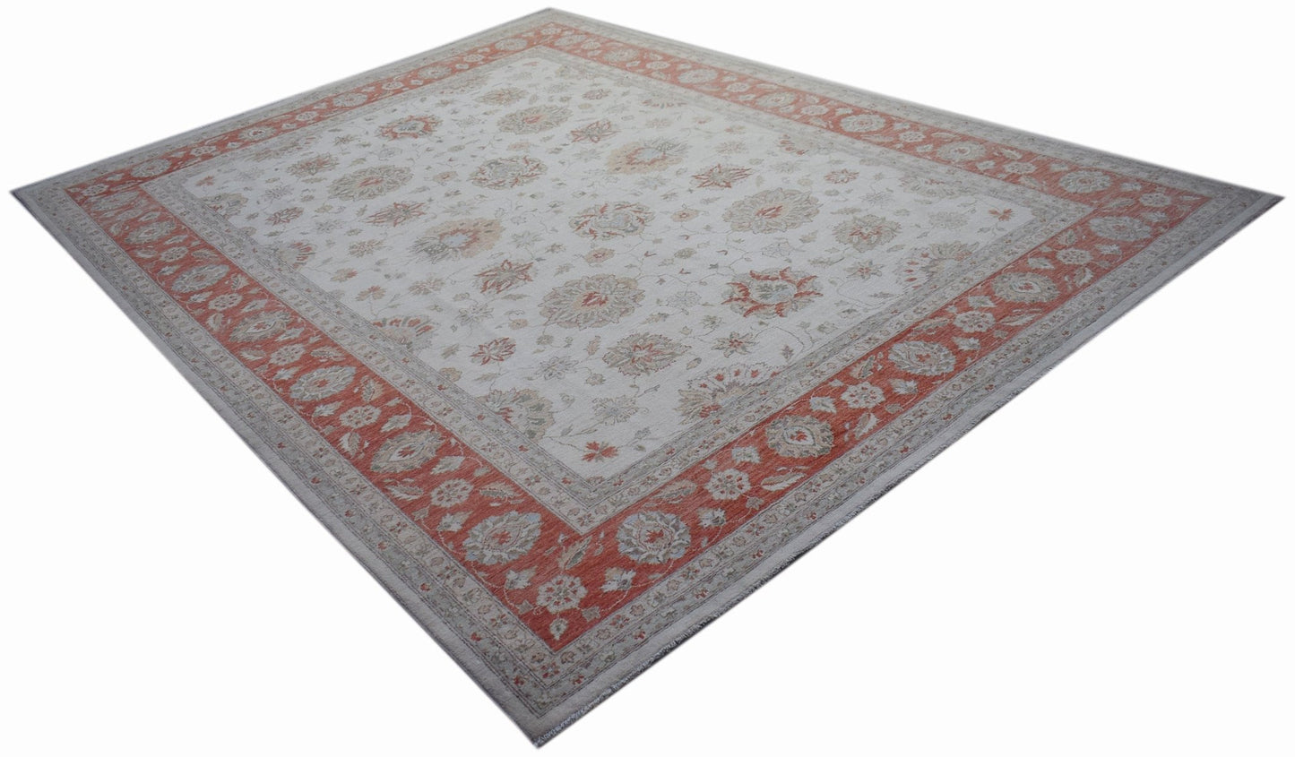 A rectangular Afghan Chobi rug featuring a floral pattern in muted red and cream tones.