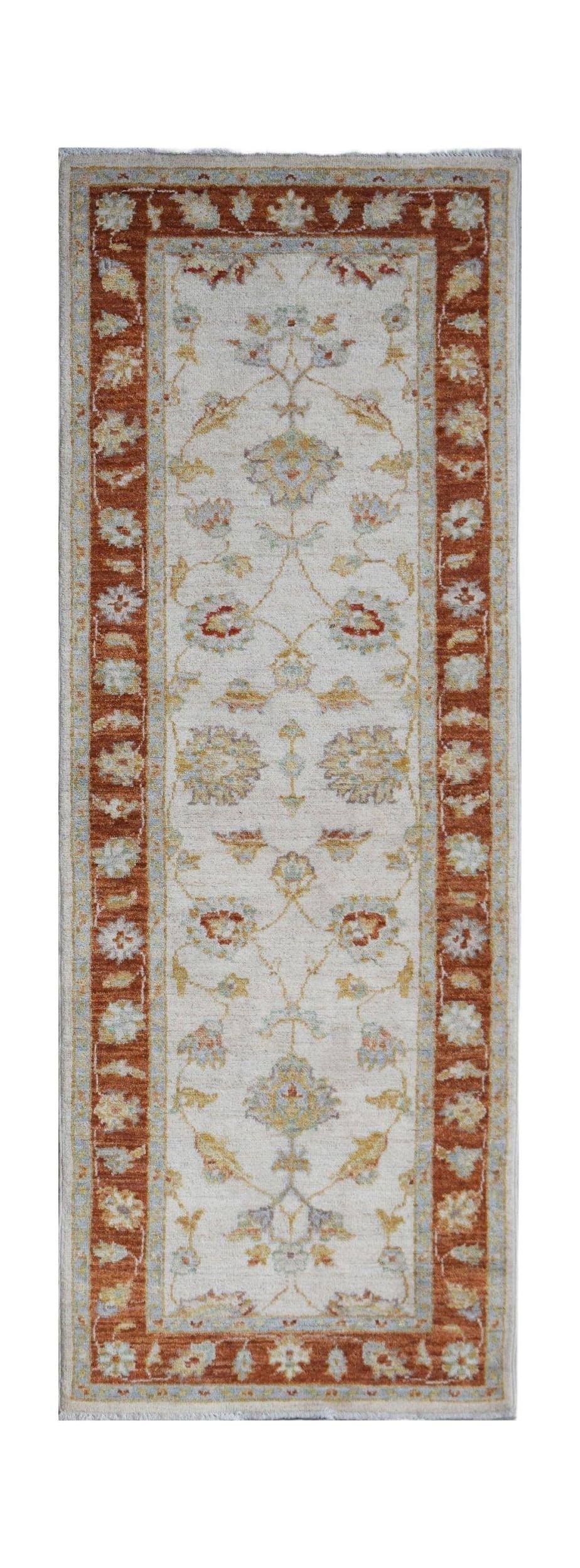 Handwoven Afghan Chobi runner rug featuring a floral pattern in rust and cream tones.