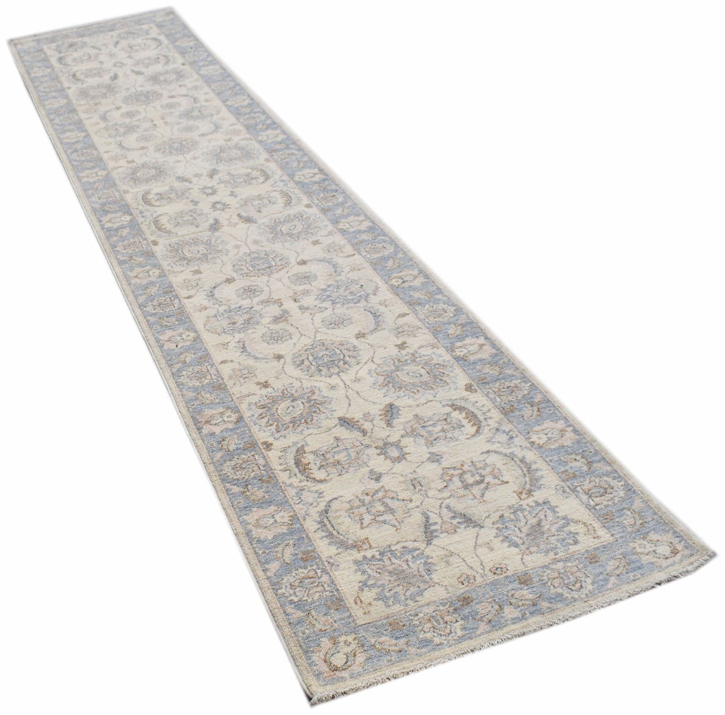 An Afghan Chobi runner rug featuring a traditional floral pattern in soft blue and beige tones.