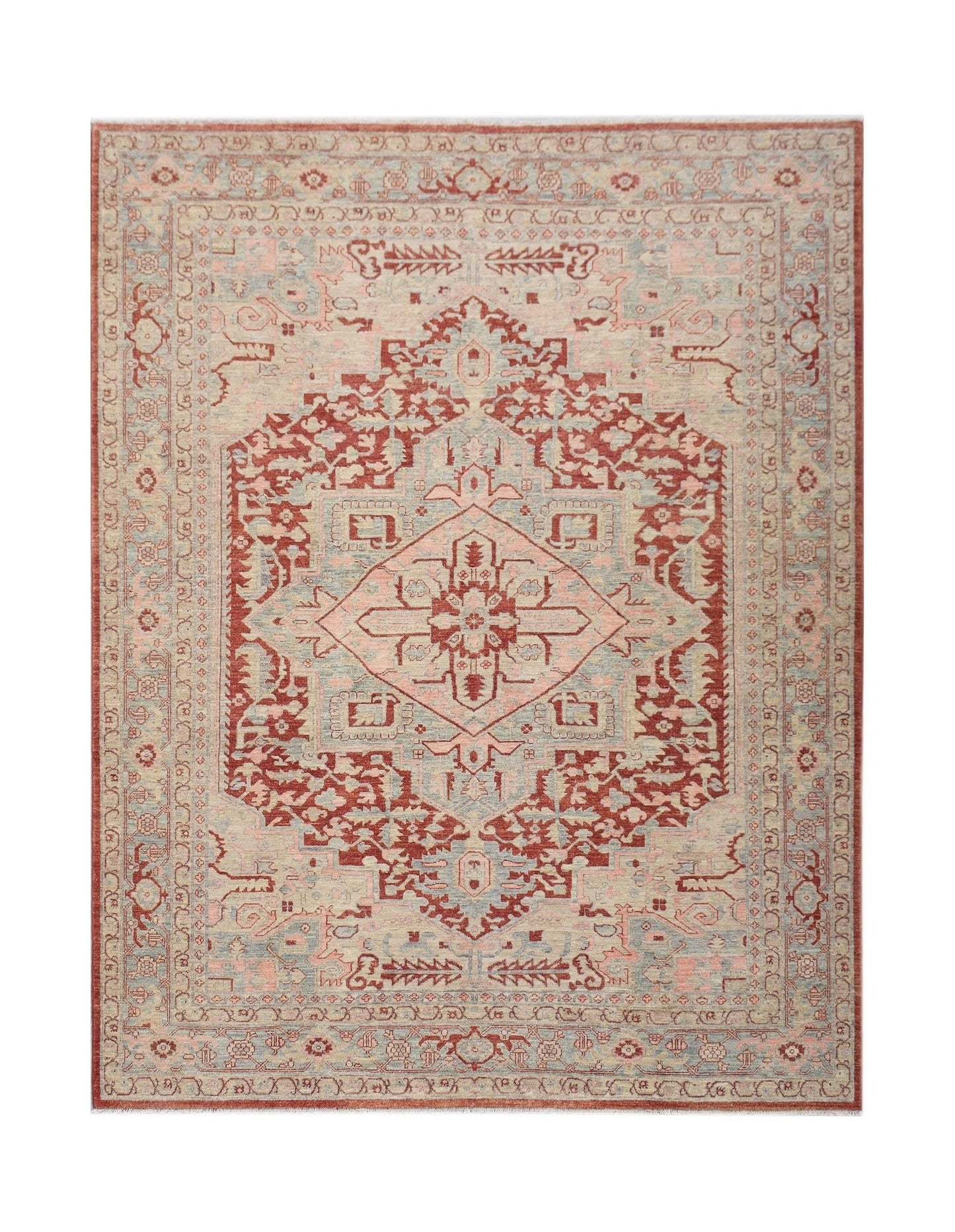 An Afghan Chobi rug featuring a traditional Heriz pattern in shades of terracotta and soft blue.