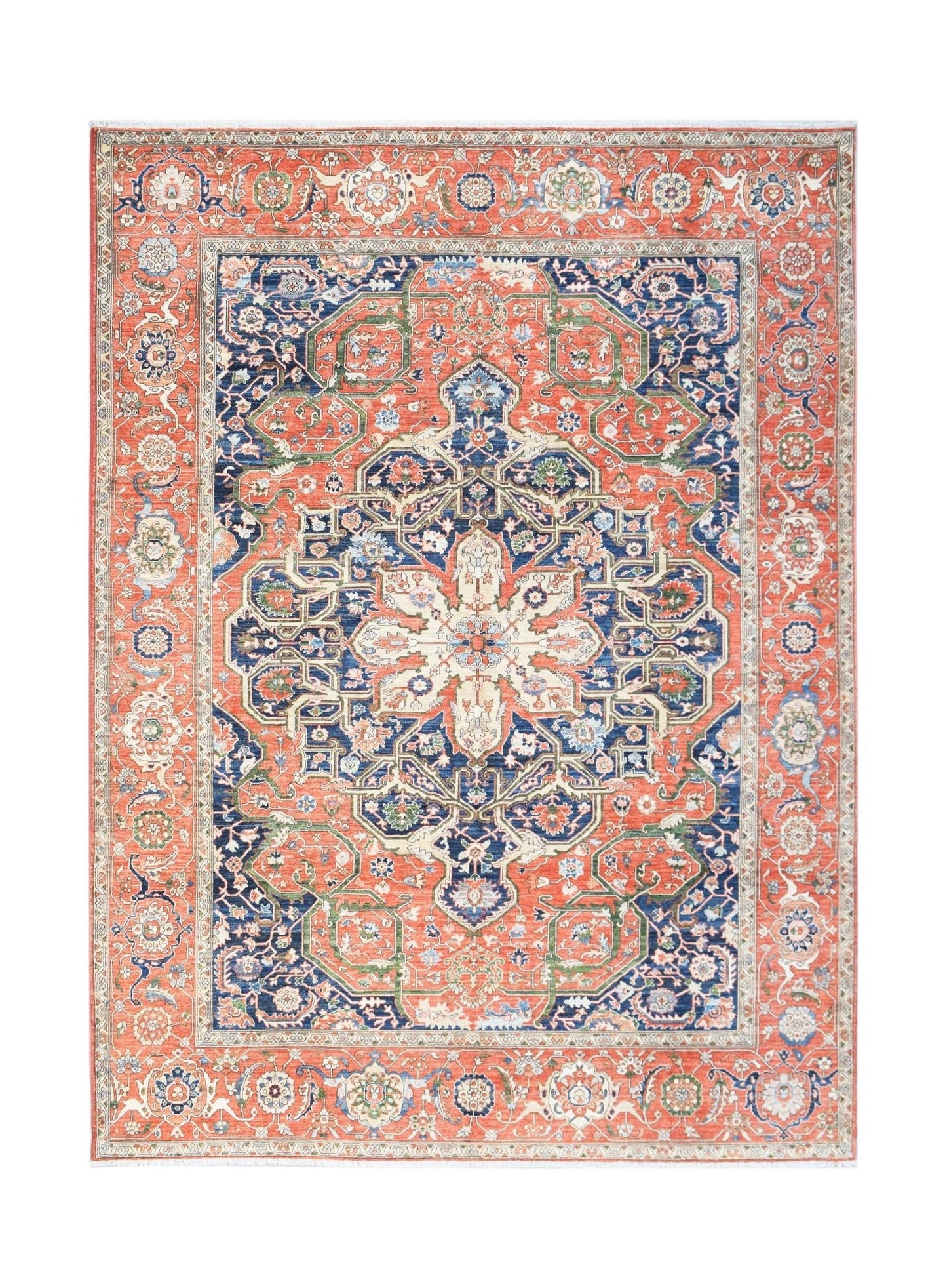 Handwoven Afghan Chobi rug featuring a traditional Heriz medallion design in red and blue tones.