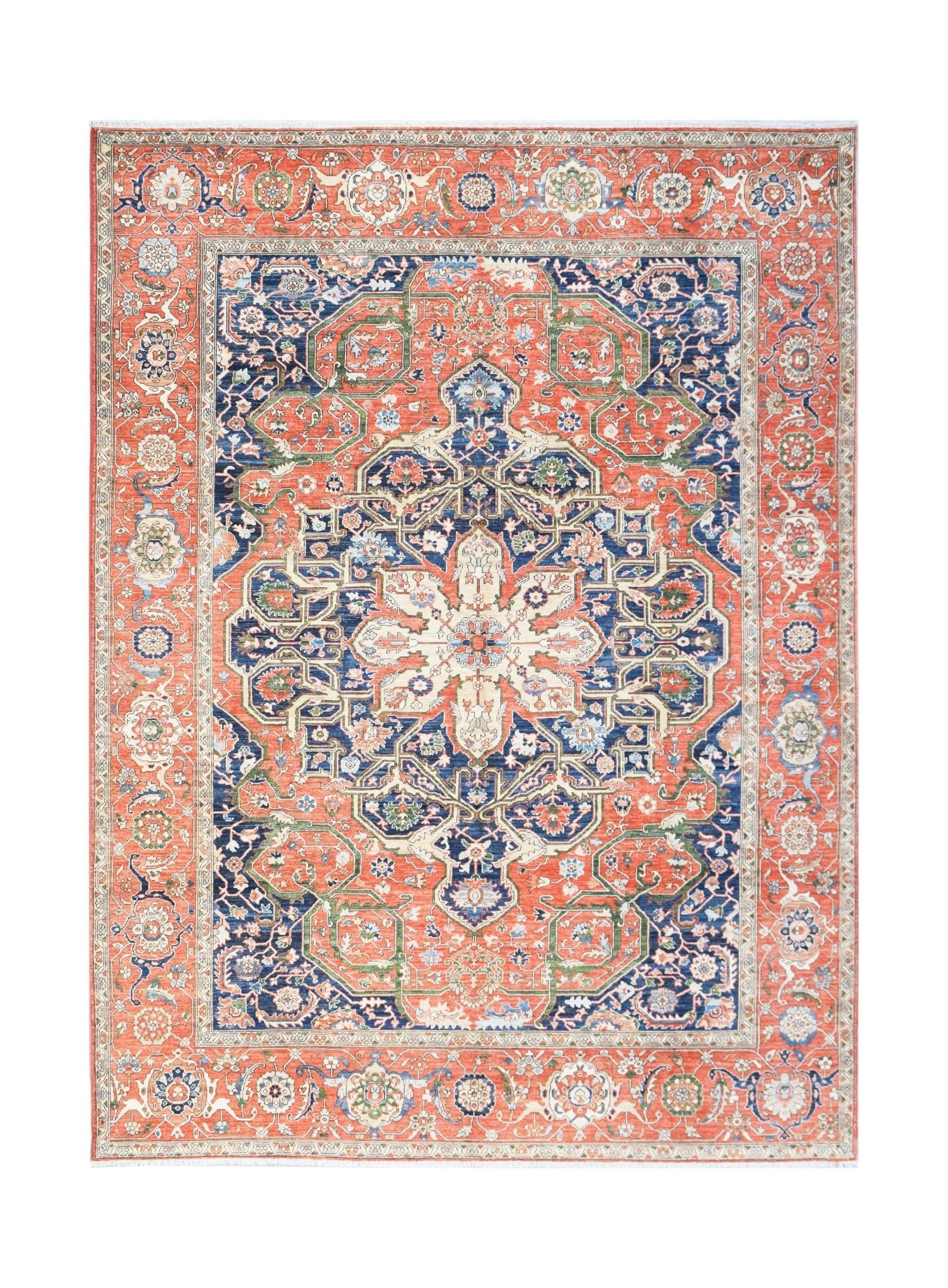Handwoven Afghan Chobi rug featuring a traditional Heriz medallion design in red and blue tones.