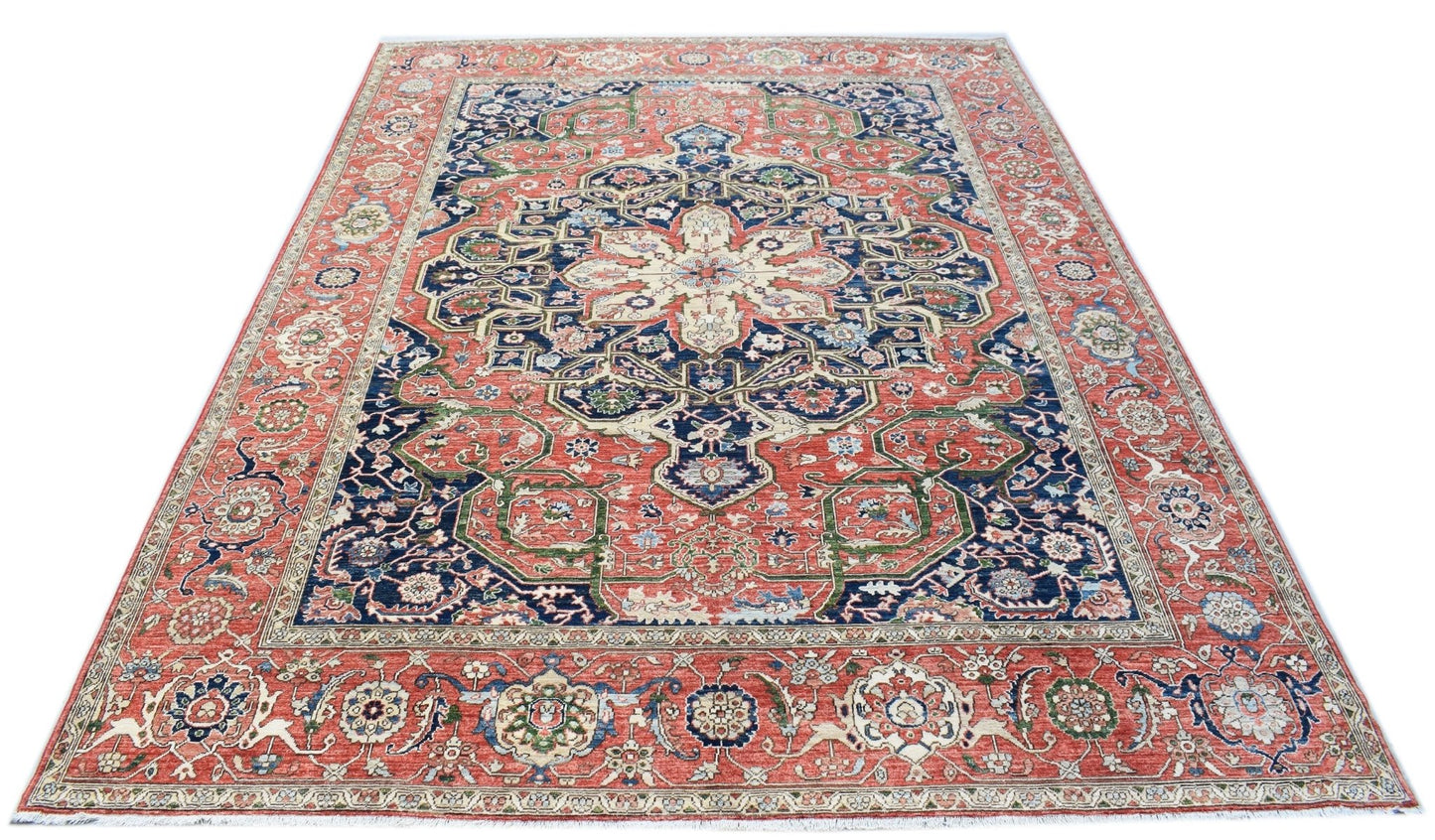 A rectangular Afghan Chobi rug featuring a traditional Heriz pattern in red, blue, and cream tones.