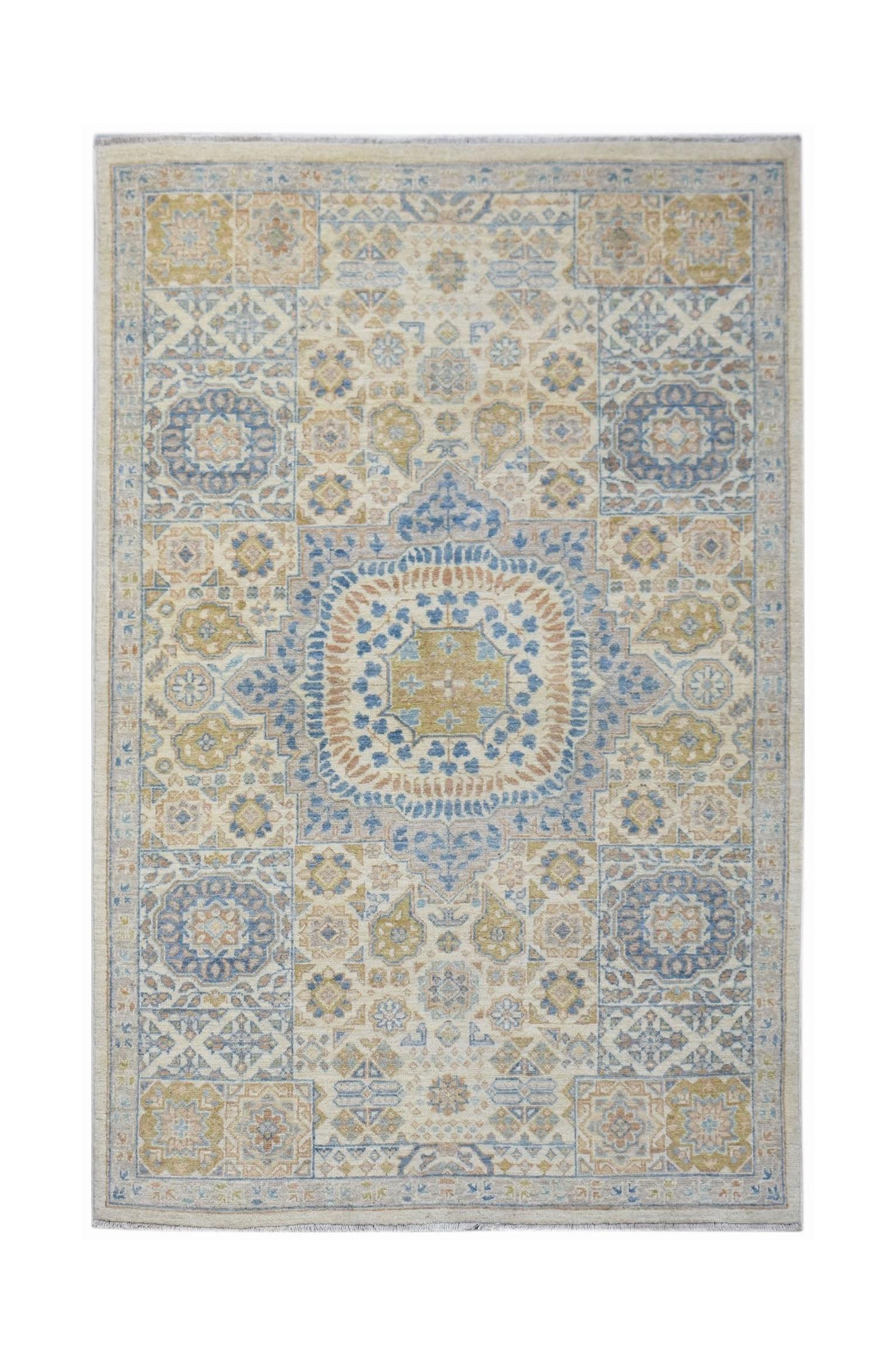 Handwoven Afghan Chobi rug featuring a traditional Mamluk medallion pattern in blue and gold tones.
