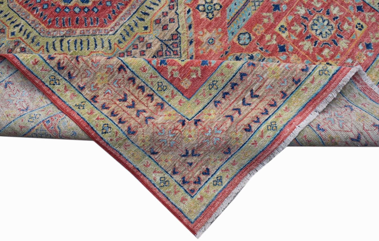 A handmade Afghan Chobi rug featuring a traditional Mamluk pattern in red, blue, and beige tones.