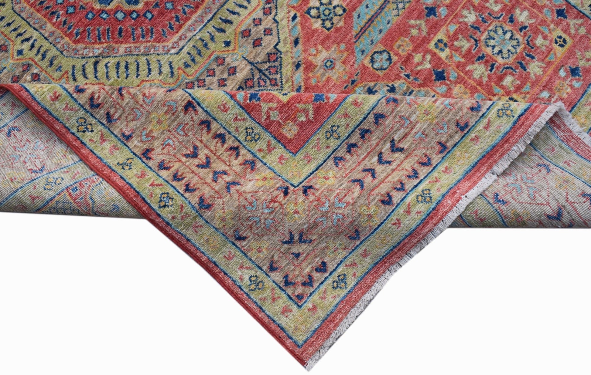 A handmade Afghan Chobi rug featuring a traditional Mamluk pattern in red, blue, and beige tones.