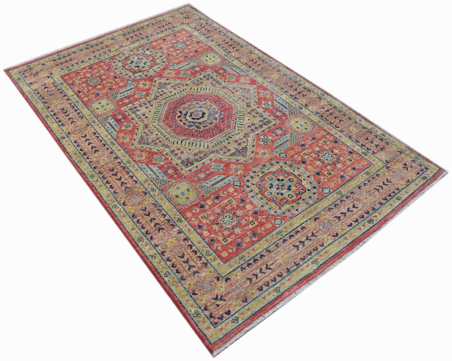 Handwoven Afghan Chobi rug featuring a traditional Mamluk medallion pattern in red and gold tones.