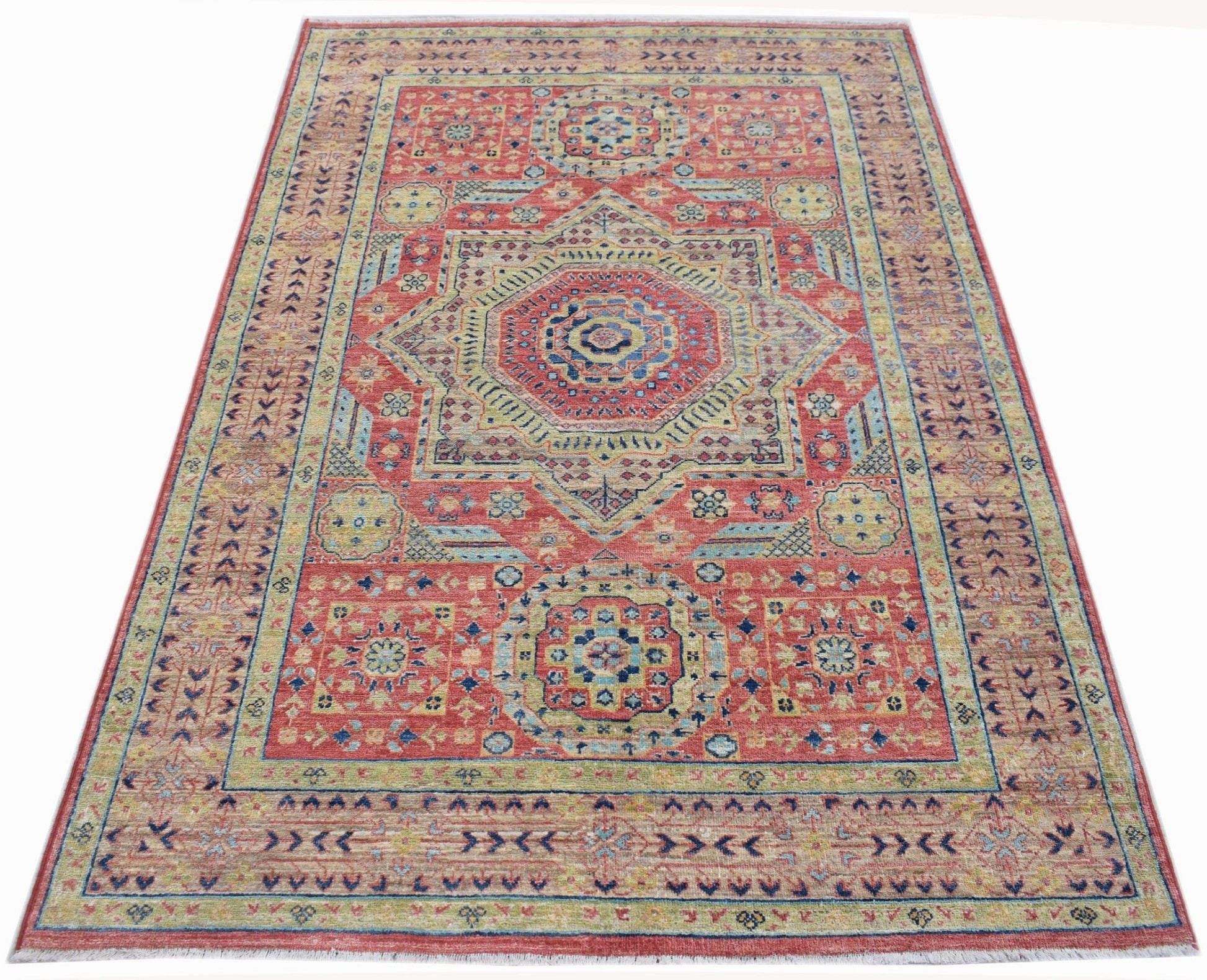 Handmade Afghan Chobi rug featuring a traditional Mamluk medallion pattern in red and blue tones.
