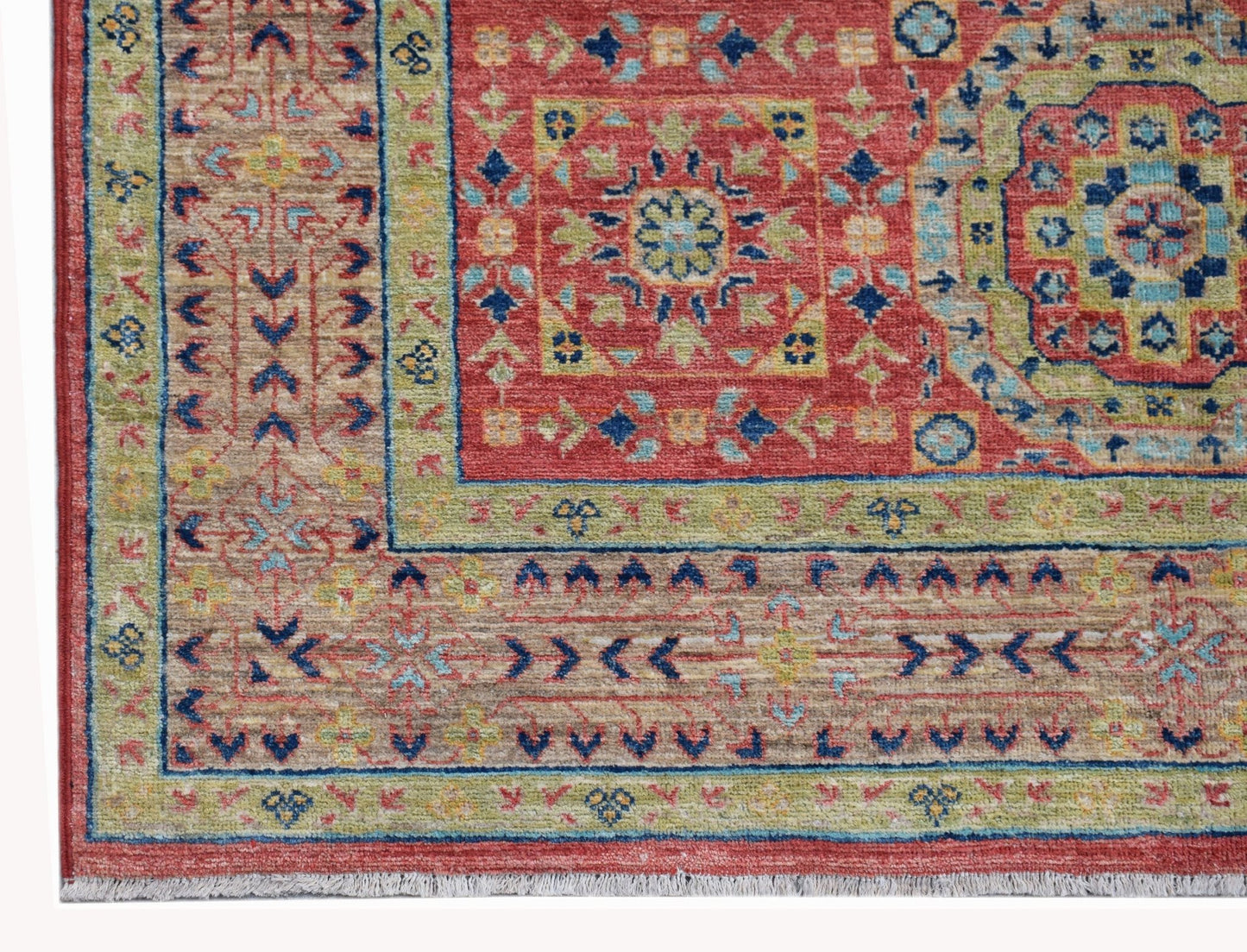 Handwoven Afghan Chobi rug featuring a traditional Mamluk medallion pattern in red and blue tones.