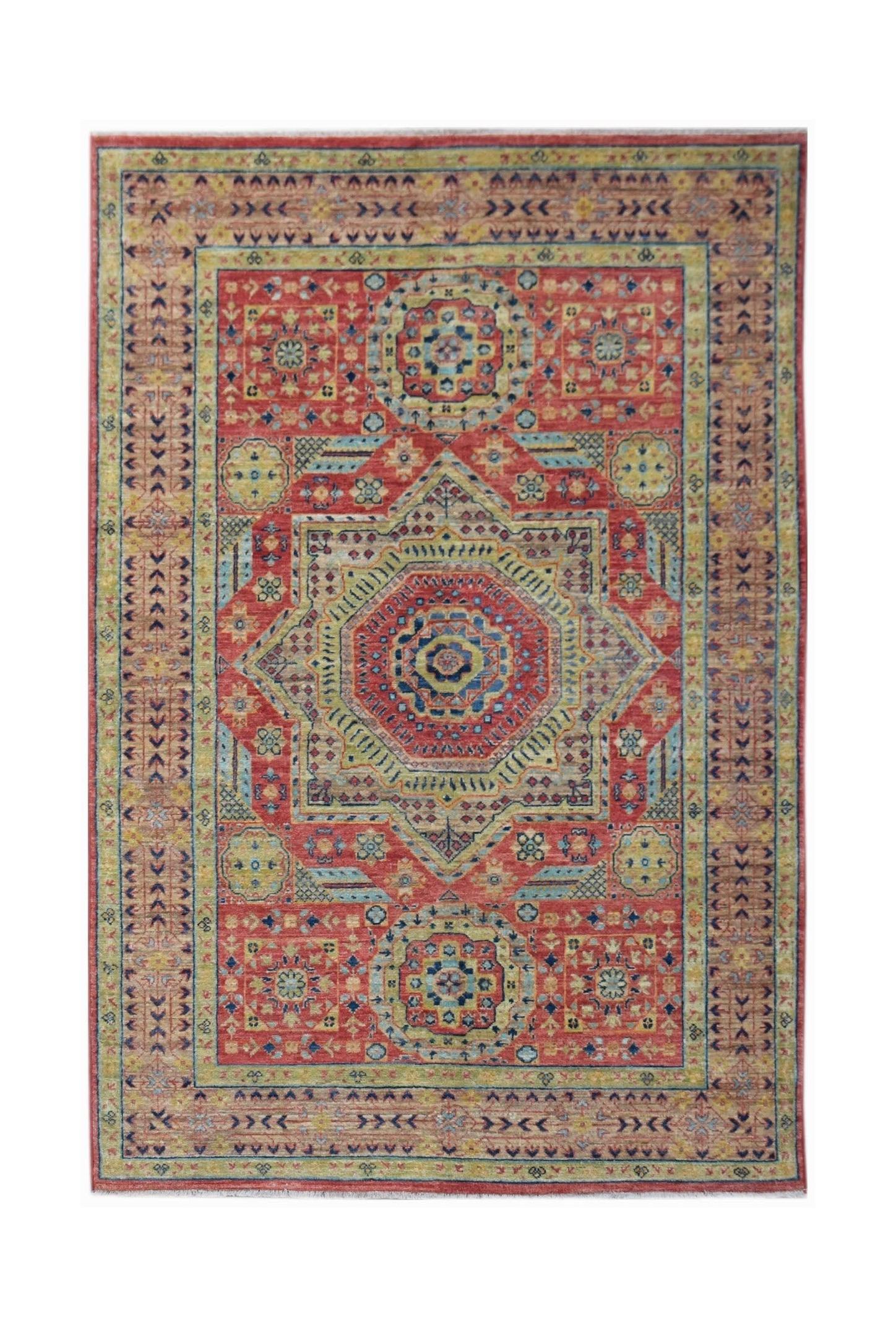 Handmade Afghan Chobi rug featuring a traditional Mamluk medallion pattern in red and gold tones.