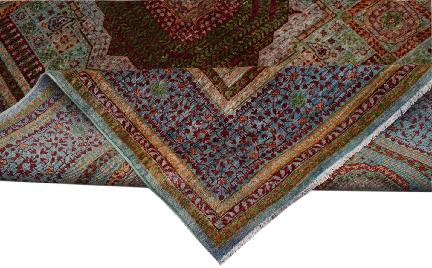 A handmade Afghan Chobi rug featuring a complex Mamluk medallion pattern in red, green, and blue.