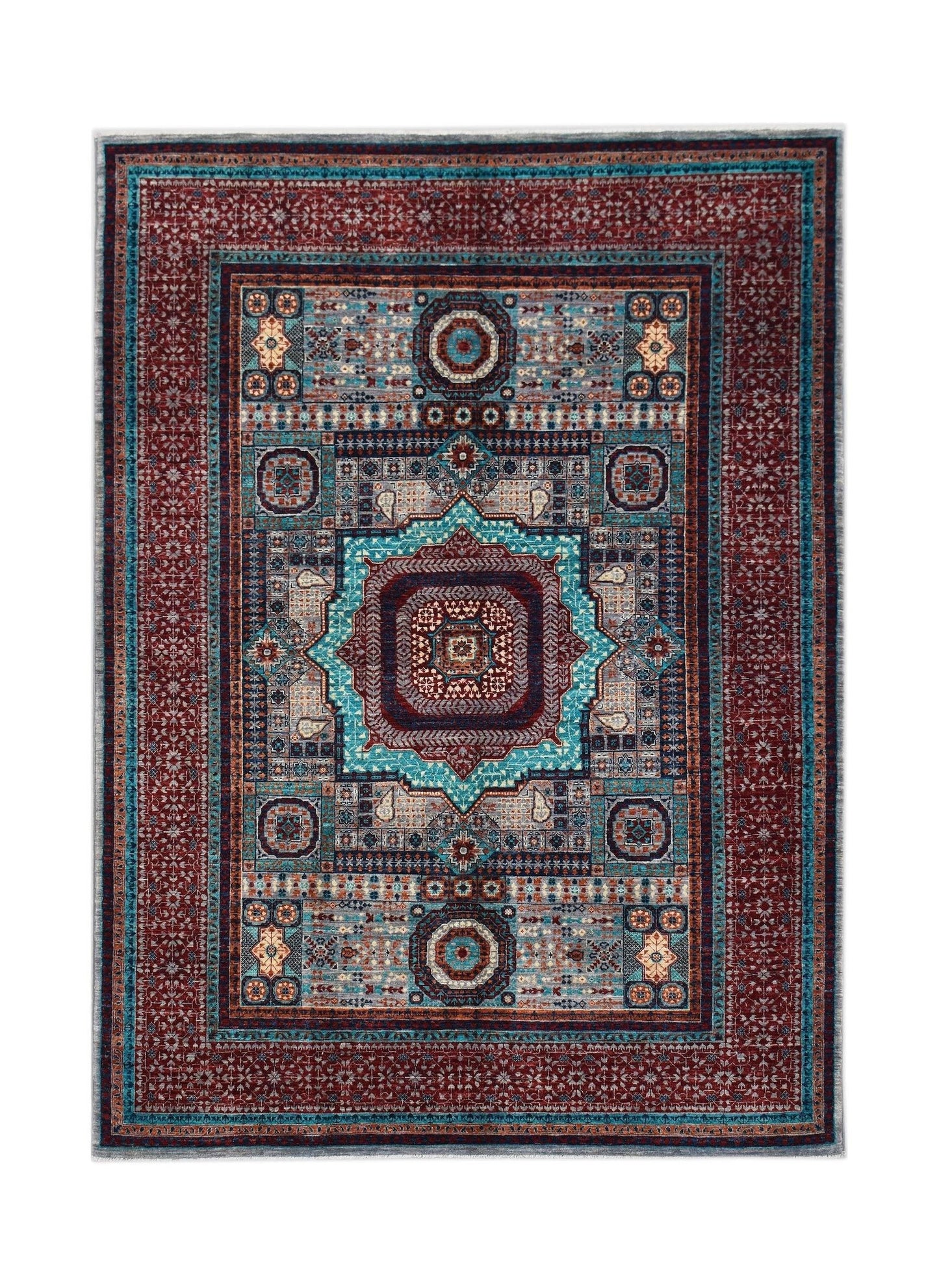 Handmade Afghan Chobi rug featuring a complex Mamluk medallion pattern in deep red and blue tones.