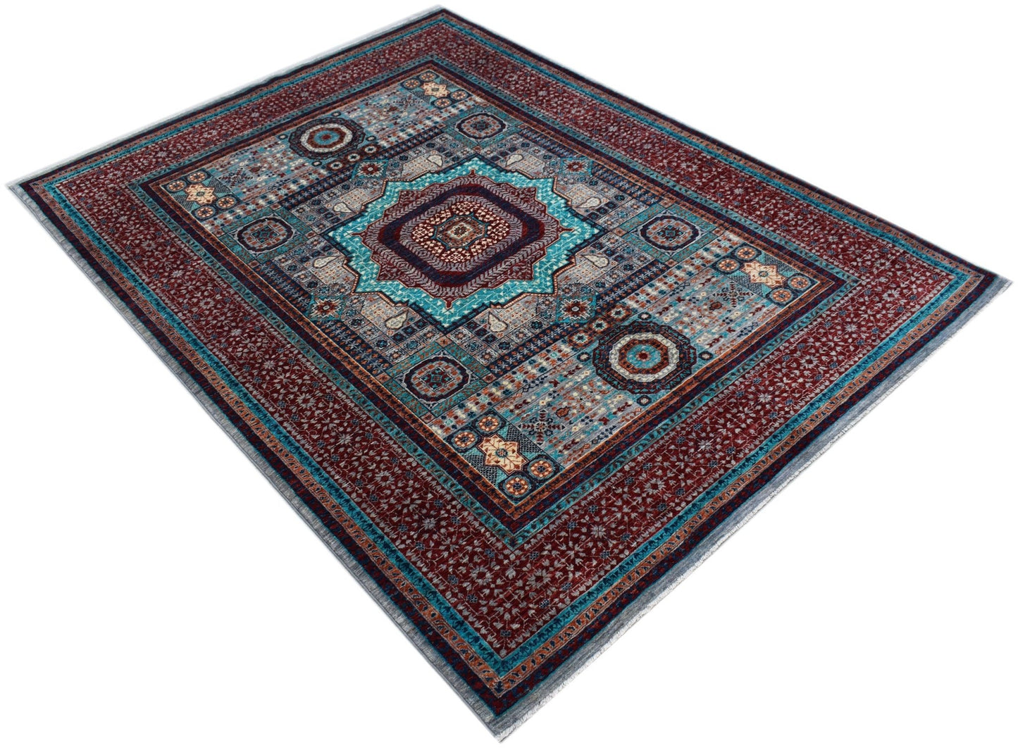 A rectangular Afghan Chobi rug featuring a detailed Mamluk medallion pattern in red and blue tones.