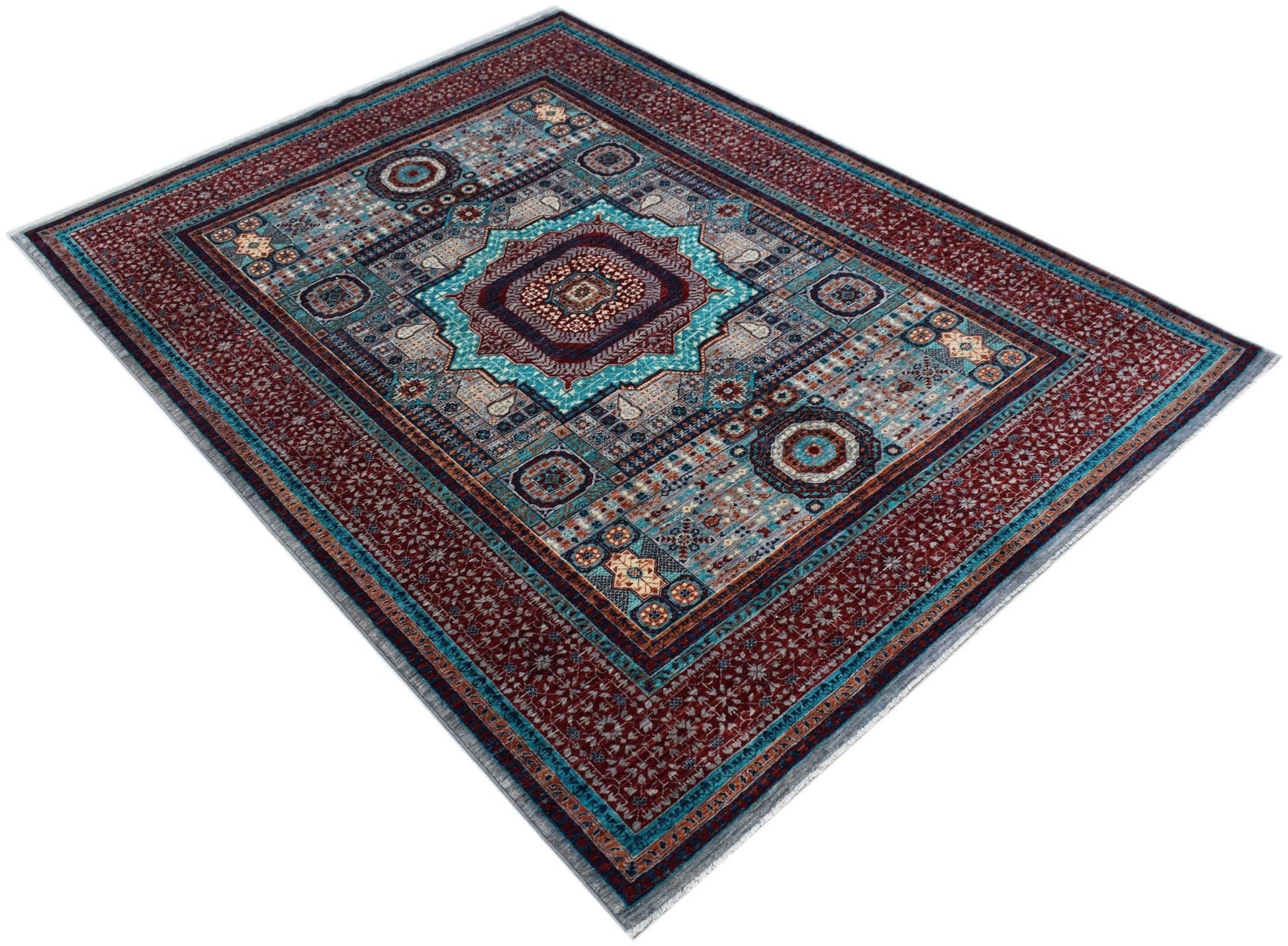 A rectangular Afghan Chobi rug featuring a detailed Mamluk medallion pattern in red and blue tones.