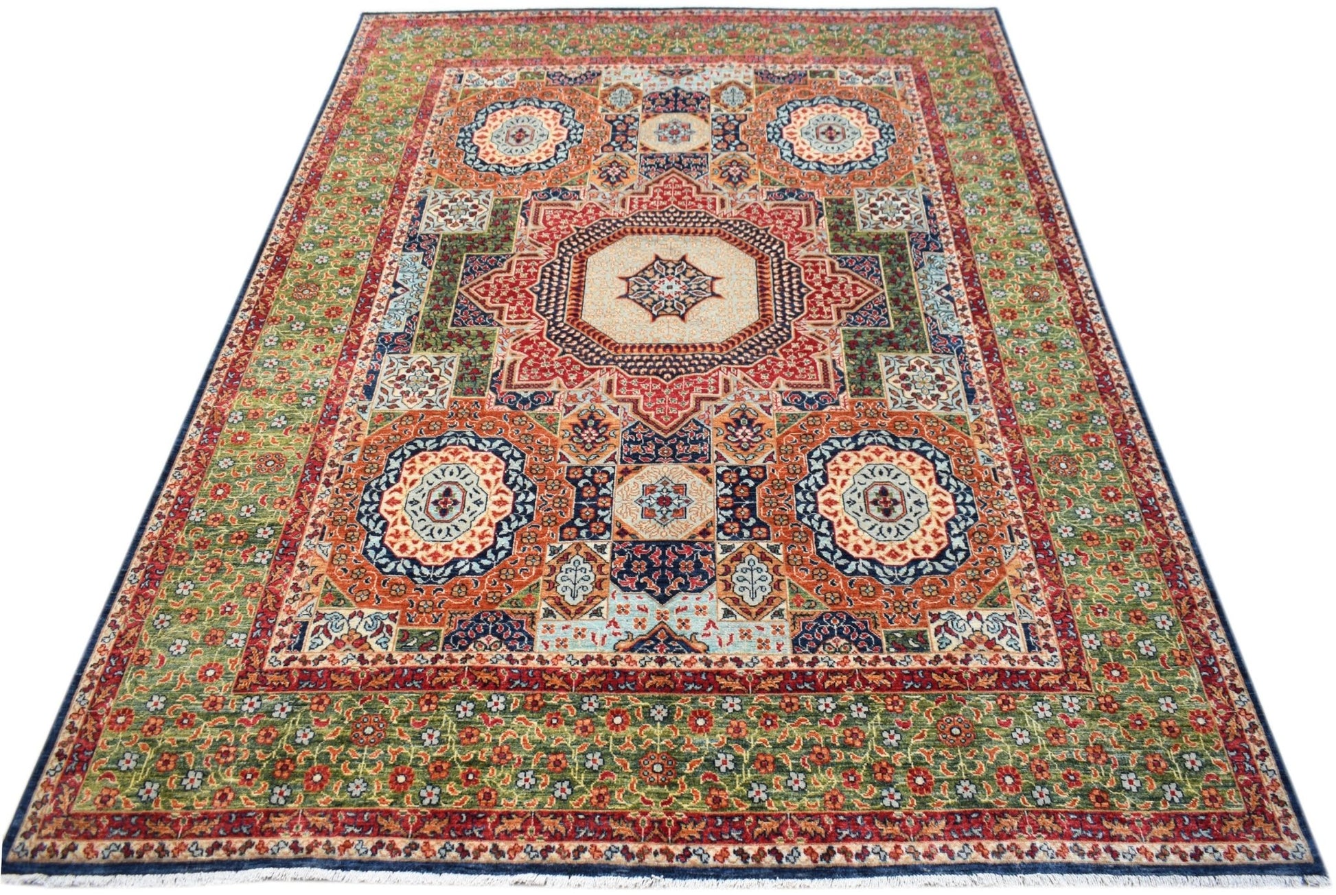 Handwoven Afghan Chobi rug featuring a traditional Mamluk medallion pattern in earthy tones.