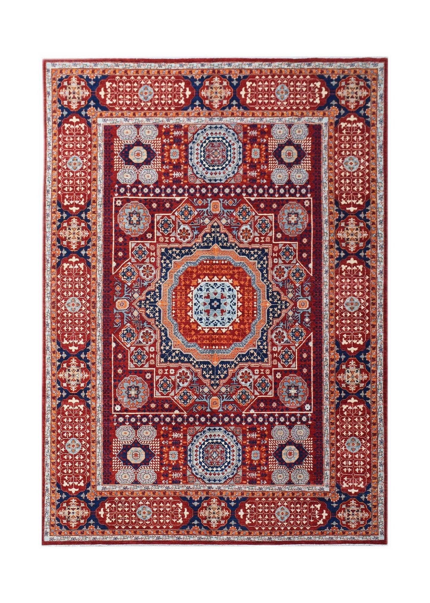 Handwoven Afghan Chobi rug featuring a traditional Mamluk medallion pattern in red and blue tones.