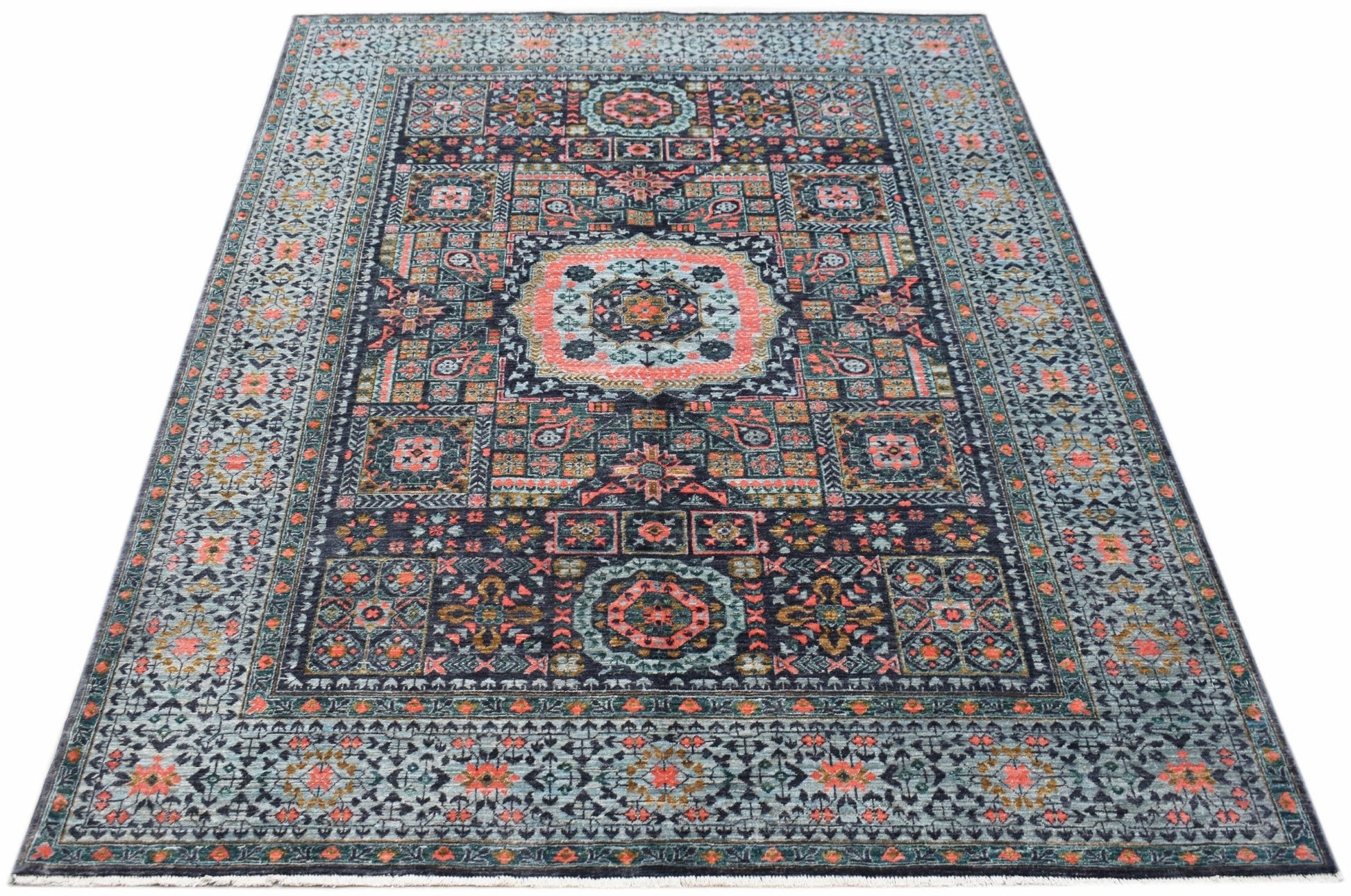 A rectangular Afghan Chobi rug featuring a detailed Mamluk medallion pattern in blue and coral.
