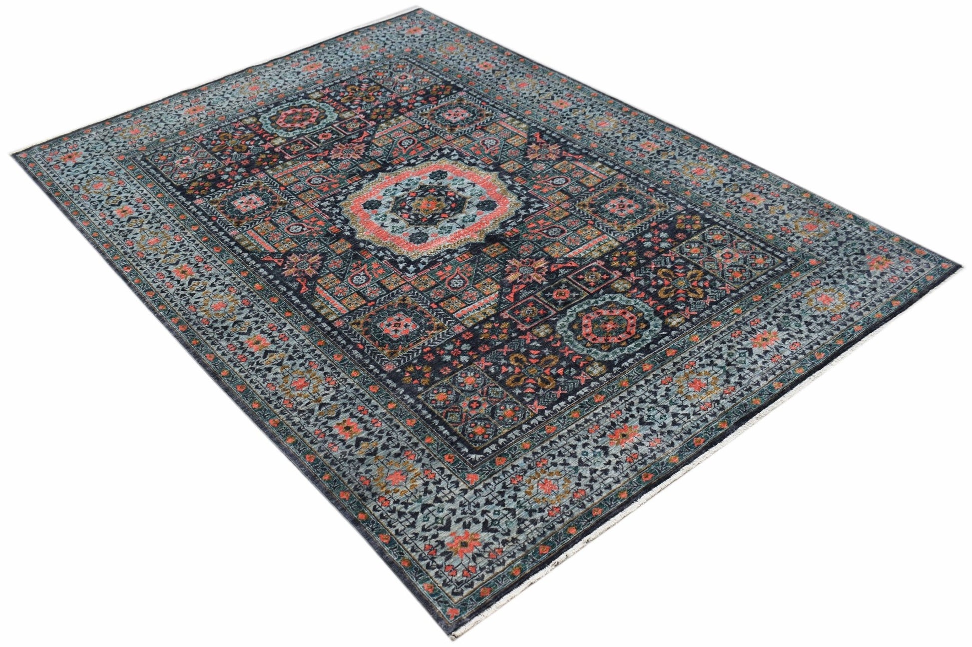 A rectangular Afghan Chobi rug featuring a complex Mamluk pattern in shades of blue and orange.