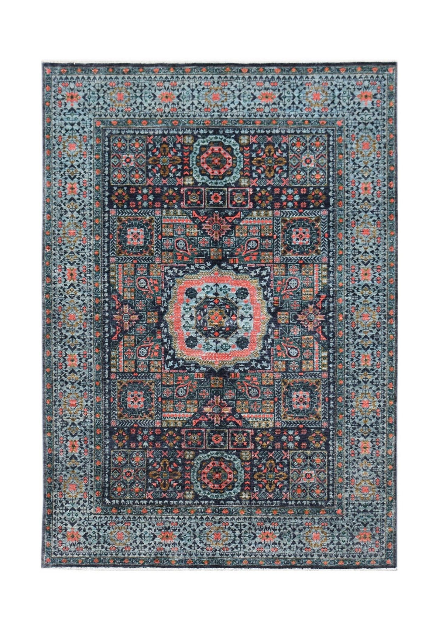 A rectangular handmade Afghan Chobi rug featuring a detailed Mamluk pattern in blue and coral tones.