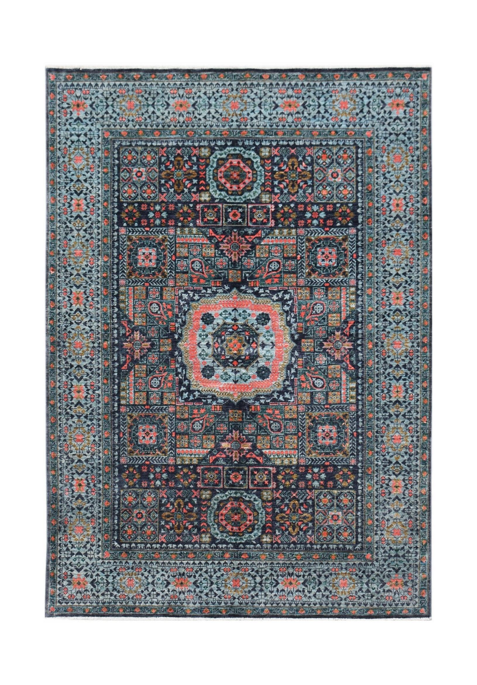 A rectangular handmade Afghan Chobi rug featuring a detailed Mamluk pattern in blue and coral tones.