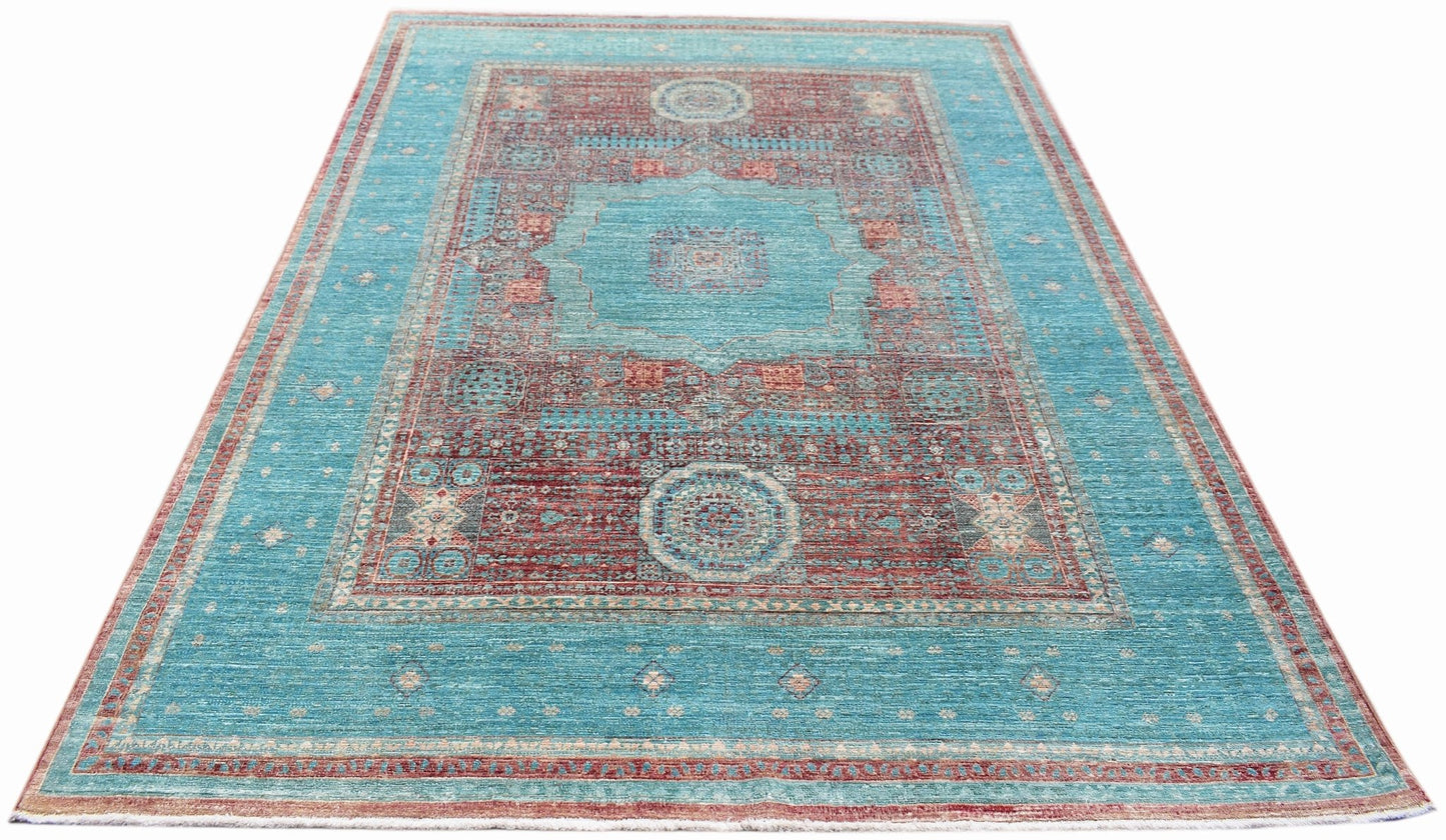 Handwoven Afghan Balkh rug featuring a traditional Mamluk medallion pattern in teal and red.