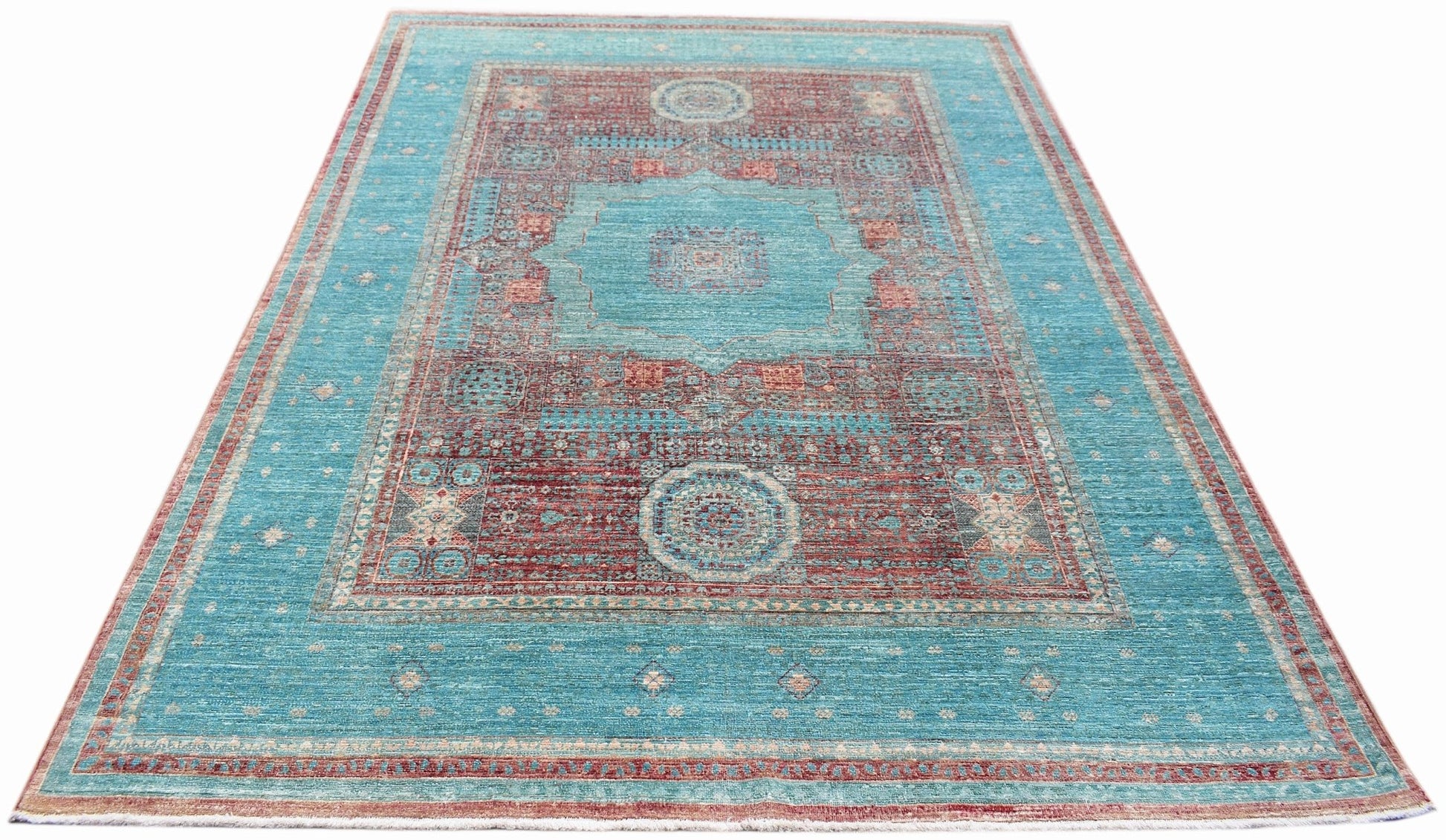 Handwoven Afghan Balkh rug featuring a traditional Mamluk medallion pattern in teal and red.