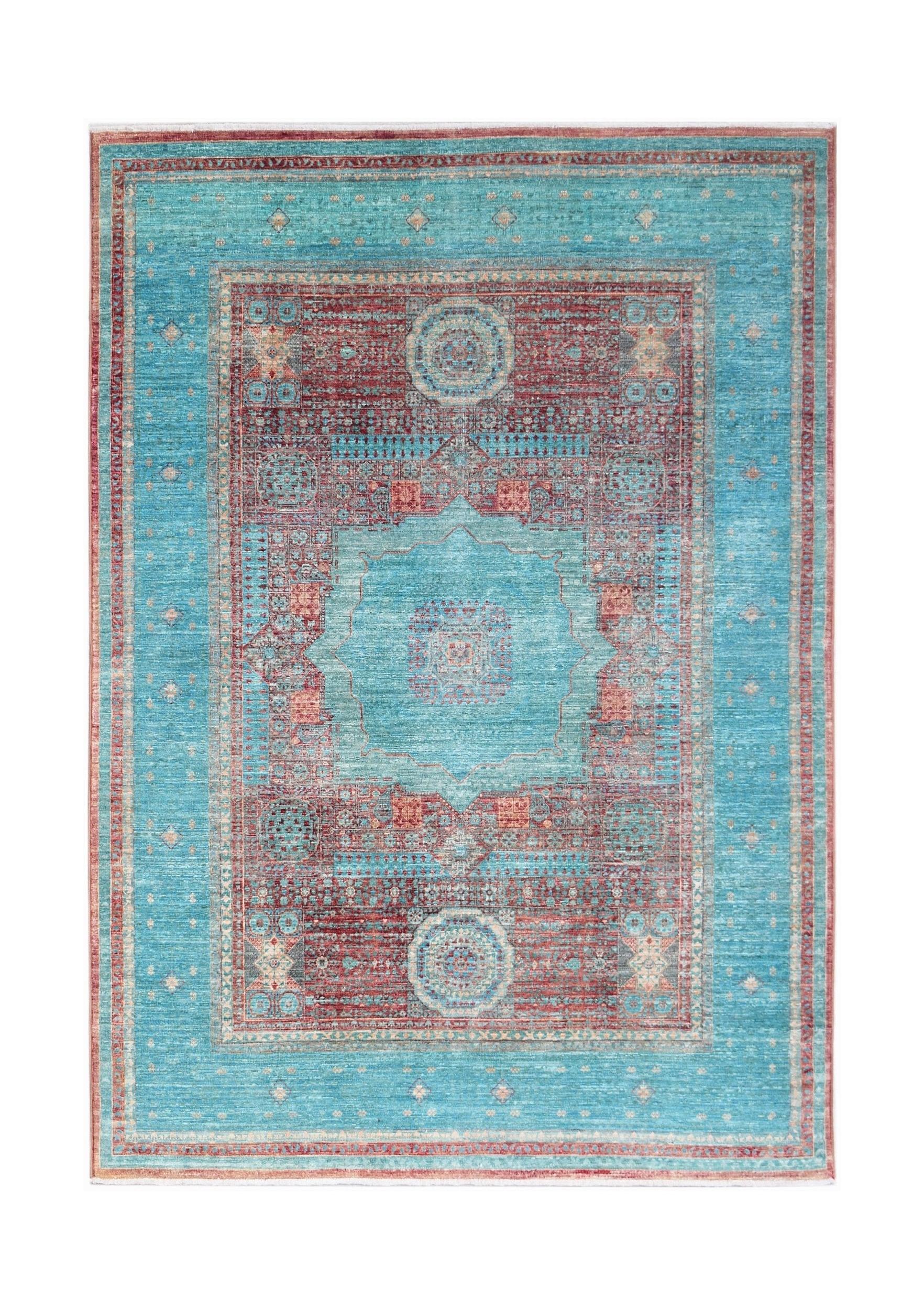 Handwoven Afghan Balkh rug featuring a traditional Mamluk medallion pattern in blue and red.