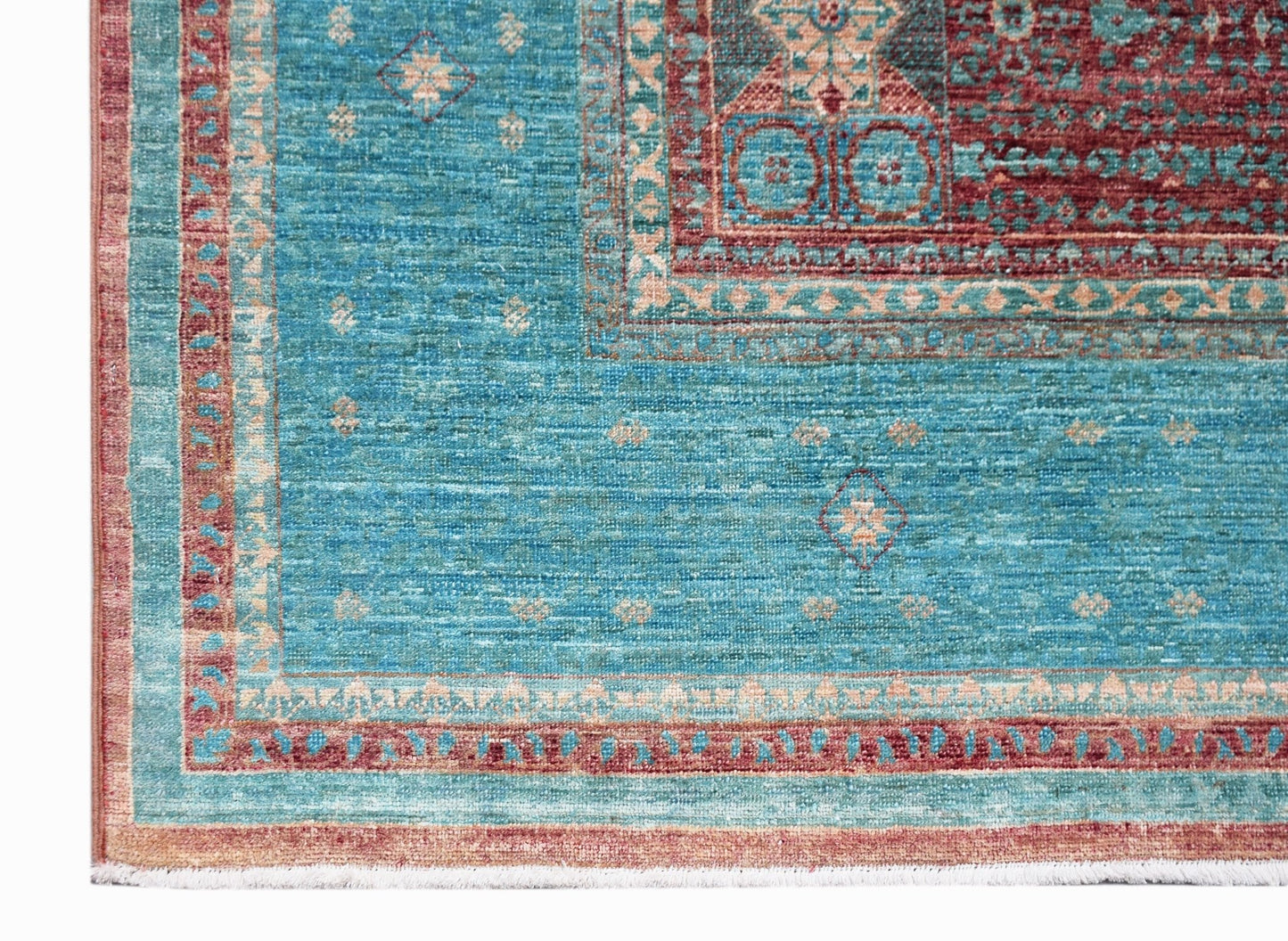 A handmade Afghan Balkh rug featuring a teal field with a detailed red Mamluk medallion pattern.