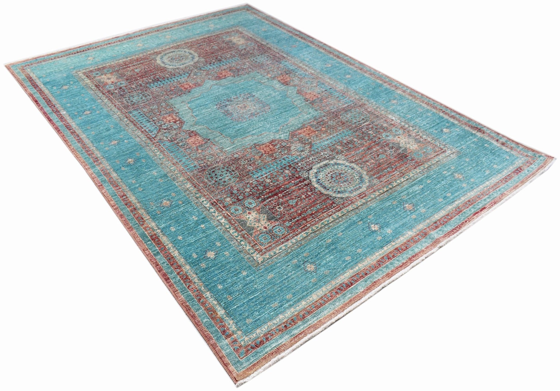 A rectangular Afghan Balkh rug featuring a traditional Mamluk medallion pattern in teal and red.