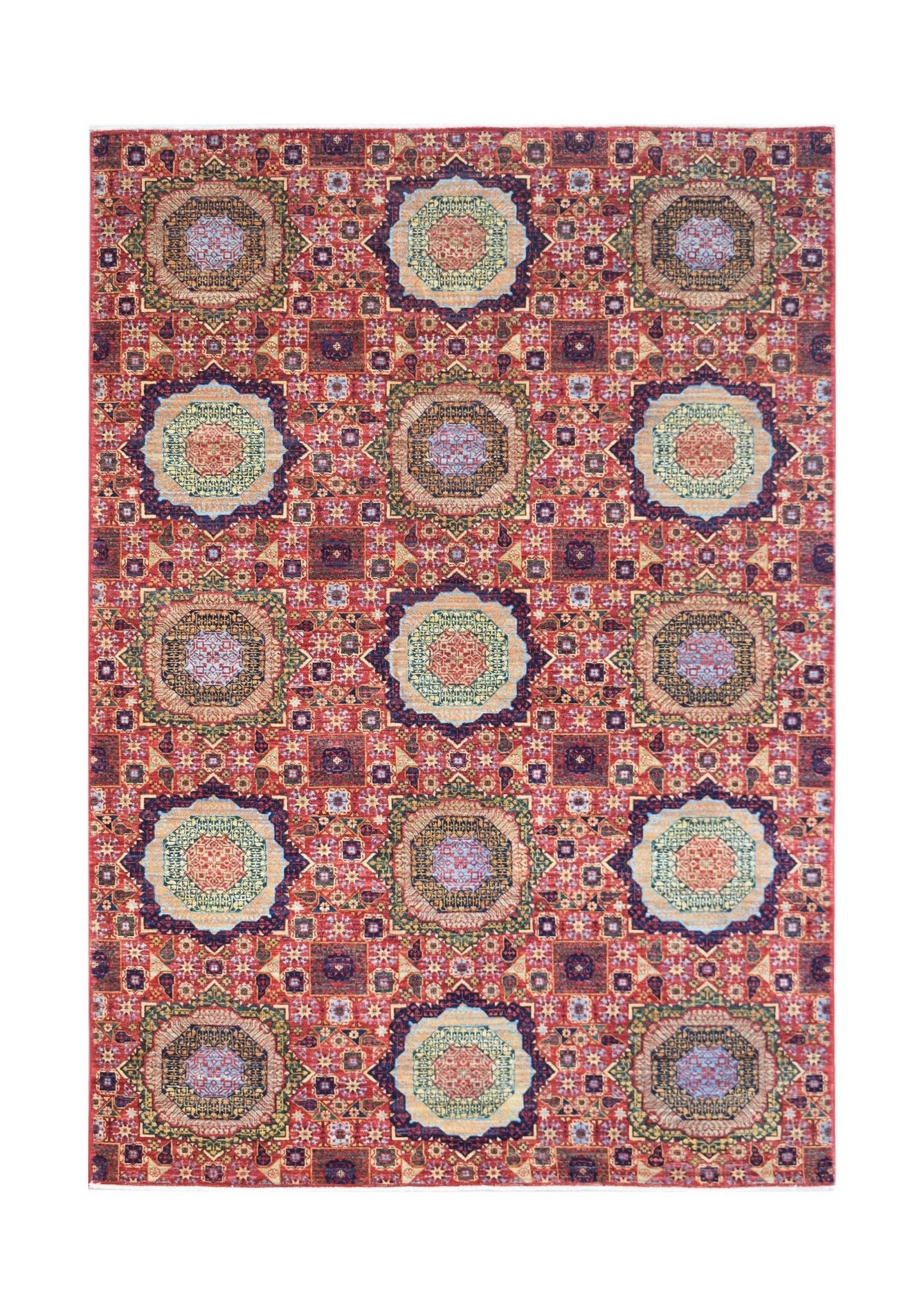 Handmade Afghan Chobi rug featuring a traditional red Mamluk pattern with intricate medallions.
