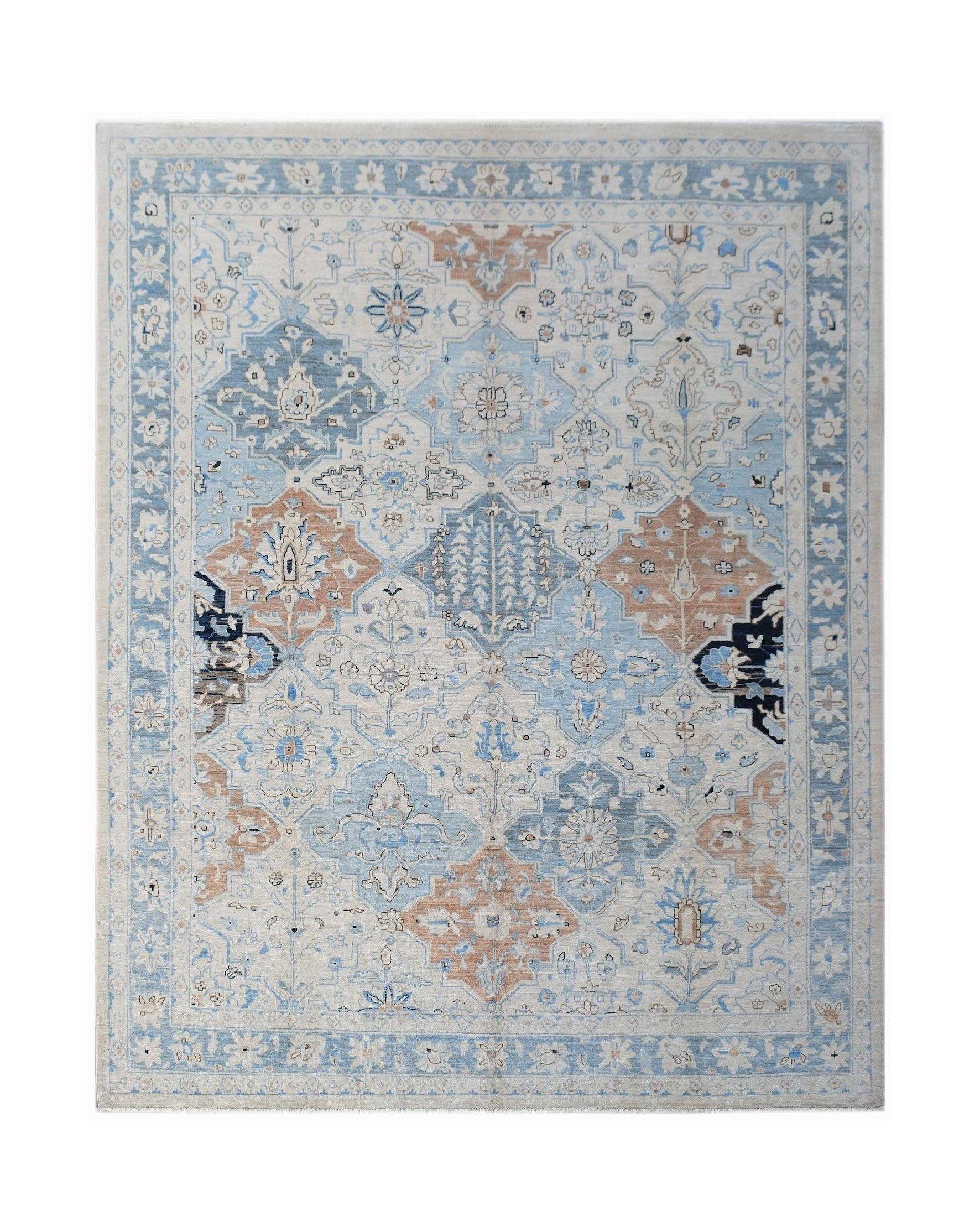Handwoven Afghan Chobi rug featuring a traditional floral pattern in blue, beige, and brown tones.