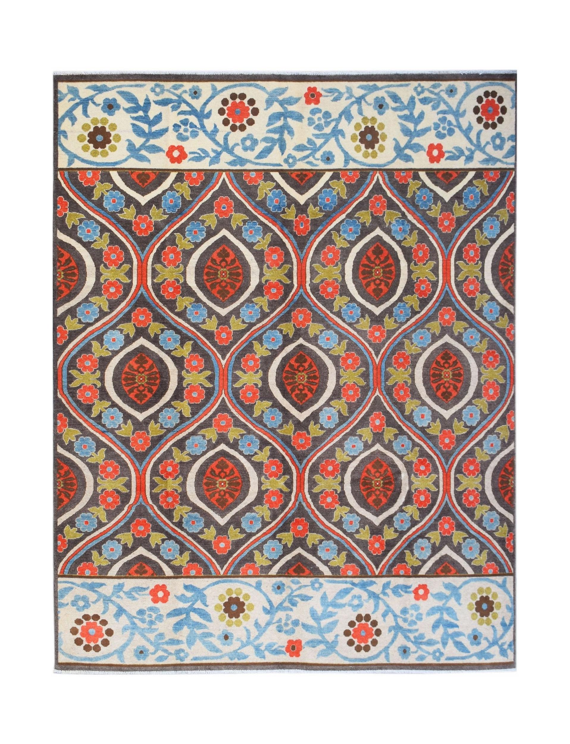 Handwoven Afghan Chobi rug featuring a dark grey diamond pattern with red and blue floral motifs.