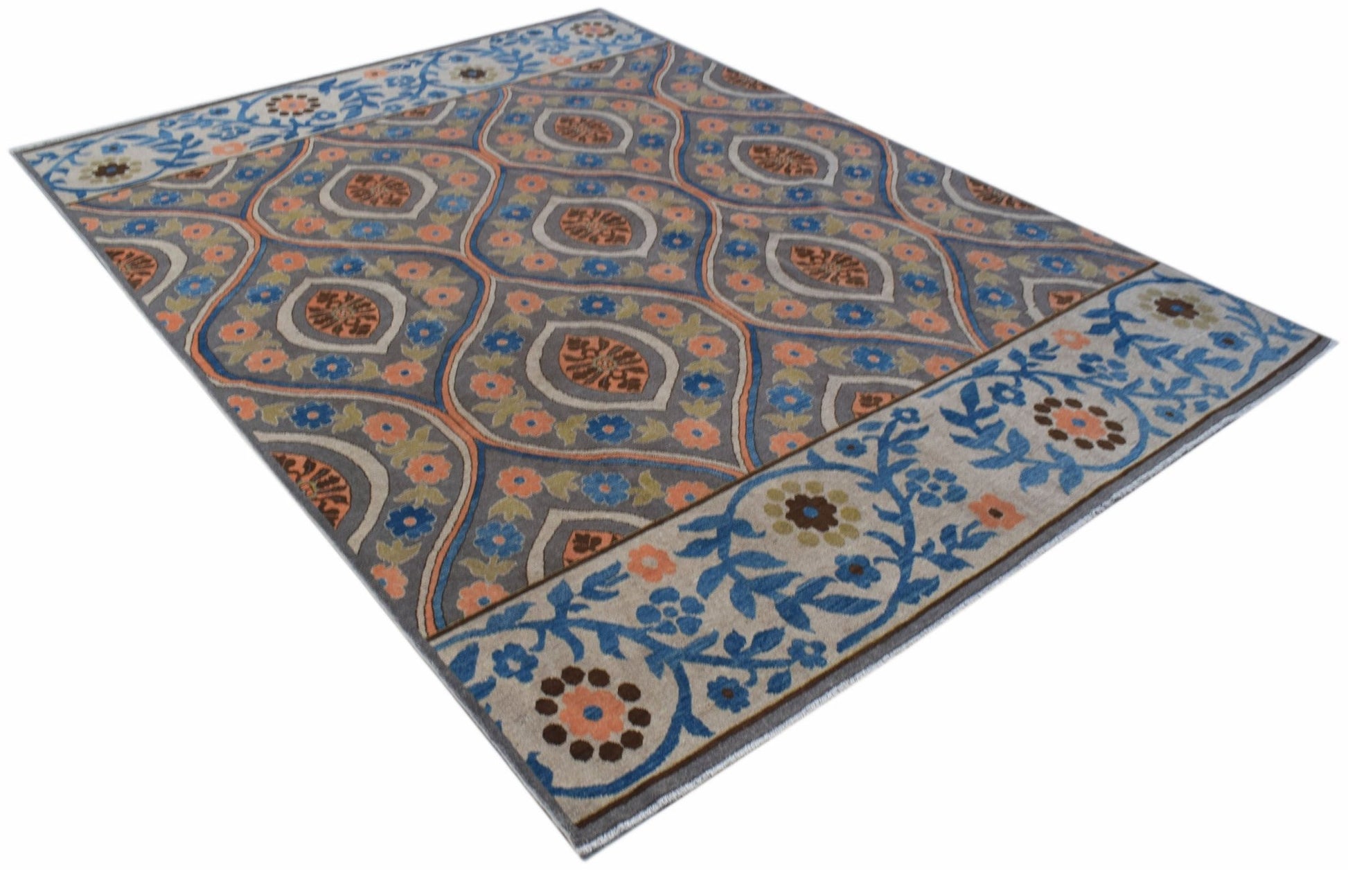 An Afghan Chobi rug featuring a grey field with floral motifs and a decorative blue border.