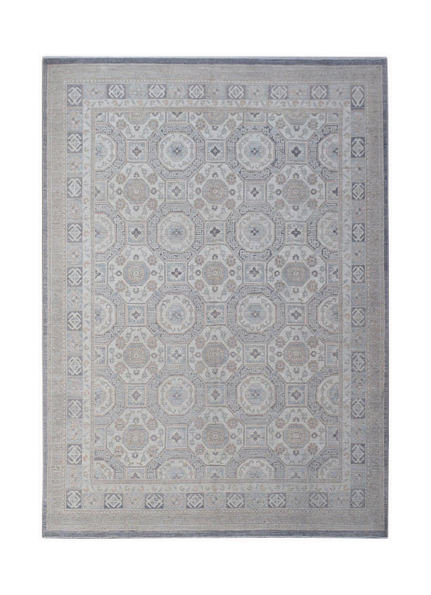 An Afghan Chobi rug featuring a geometric pattern in soft beige, grey, and blue tones.
