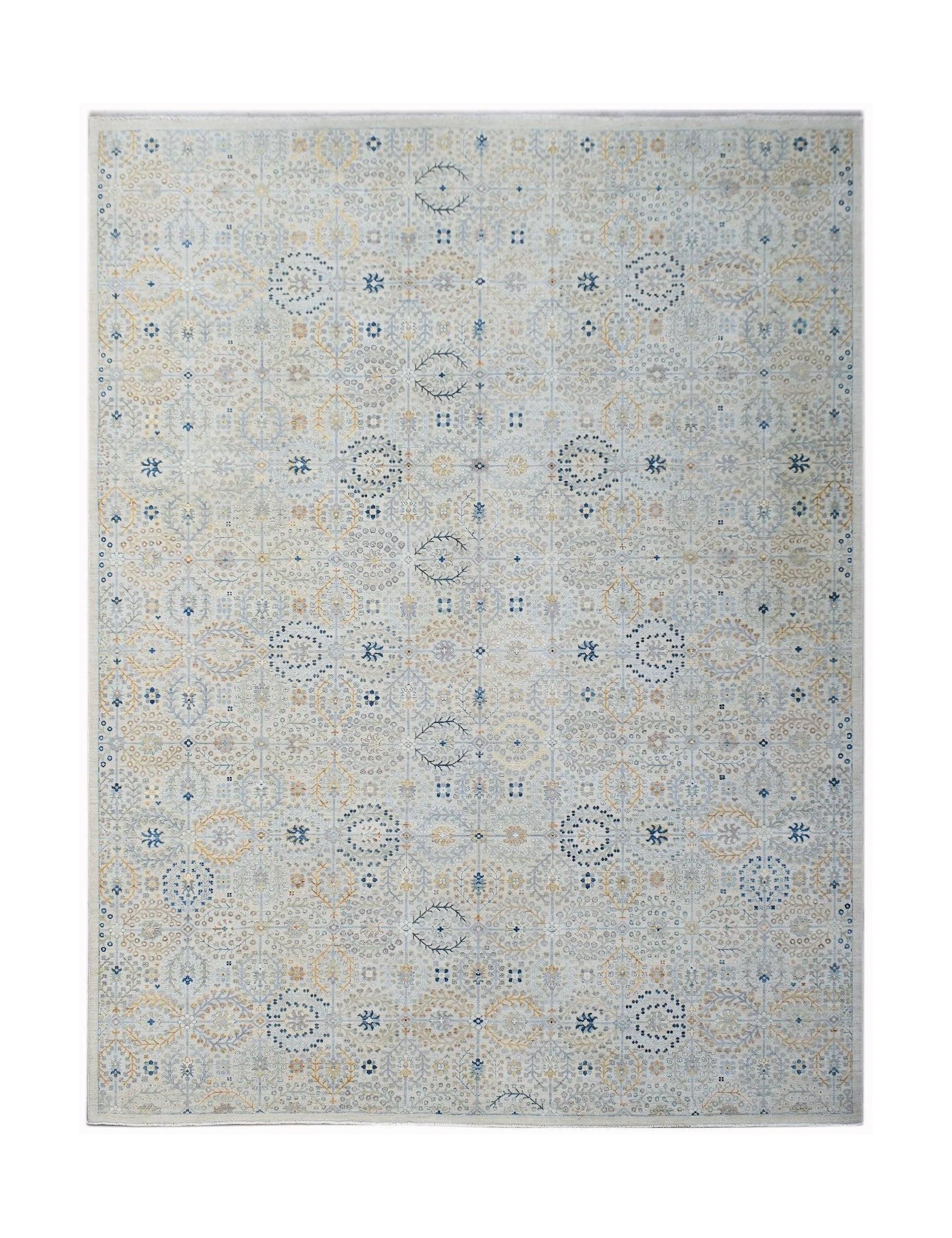 An Afghan Balkh rug featuring a traditional Chobi pattern in soft blue and beige tones.