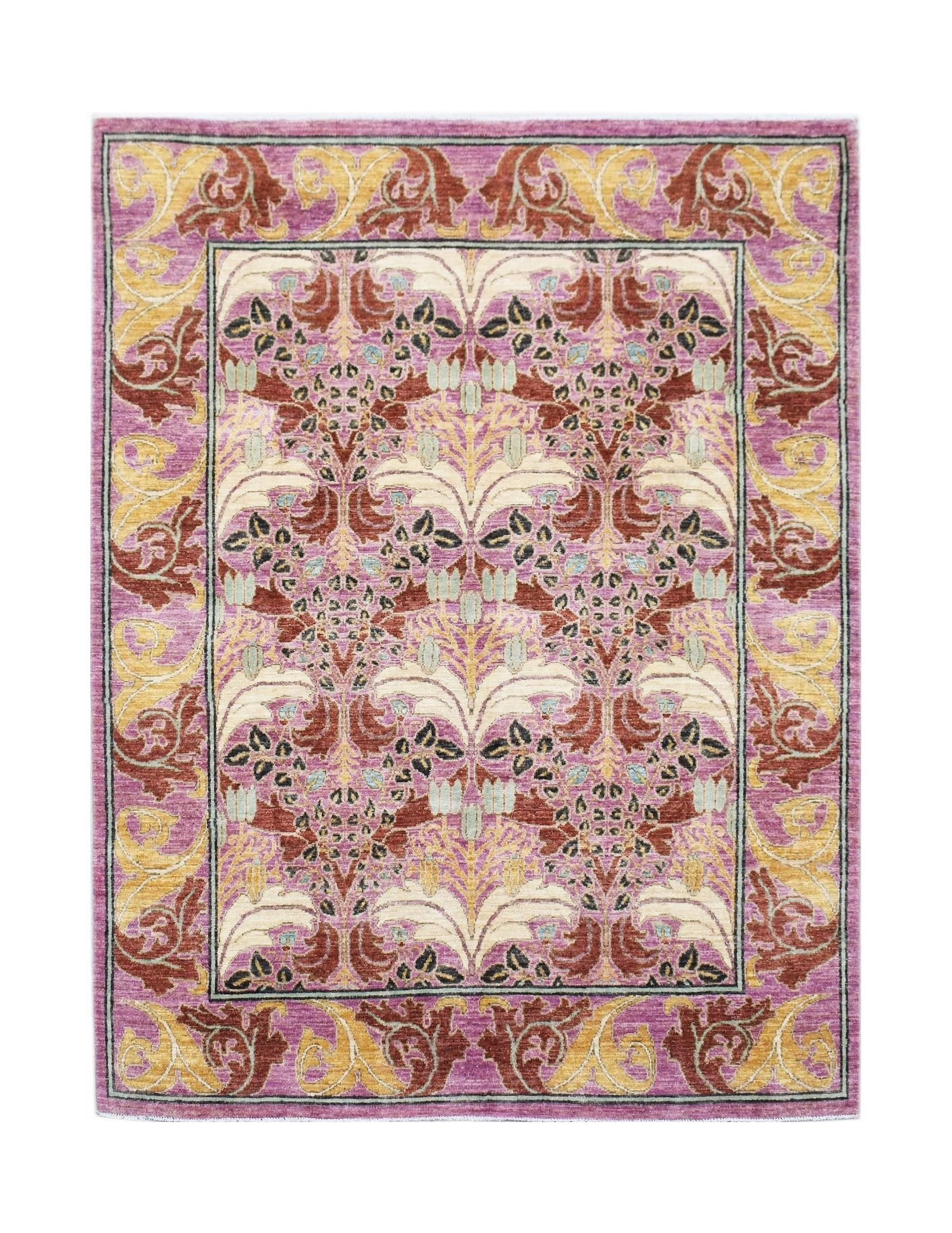 A handwoven Afghan wool rug featuring a botanical floral pattern in shades of pink, gold, and red.