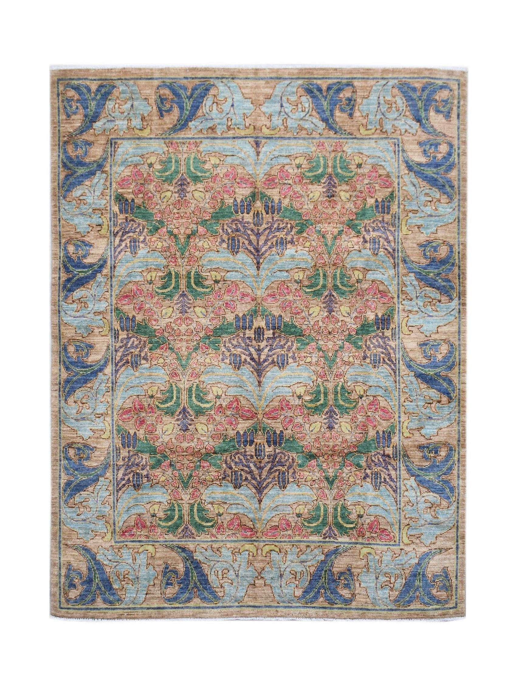 A handwoven Afghan wool rug featuring a repeating botanical floral pattern in blue, pink, and green.