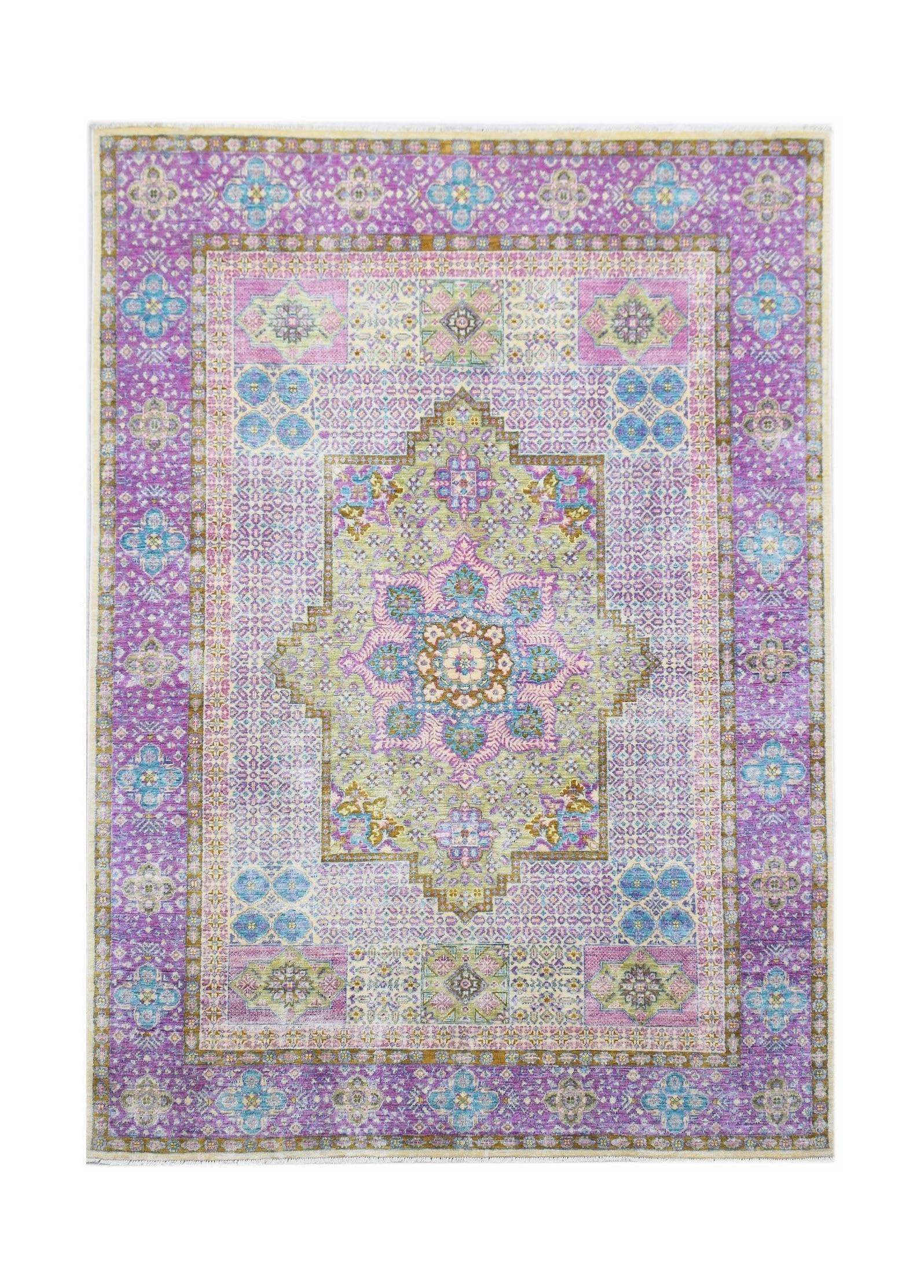 A rectangular Afghan Balkh rug featuring a traditional floral medallion in purple, blue, and green.